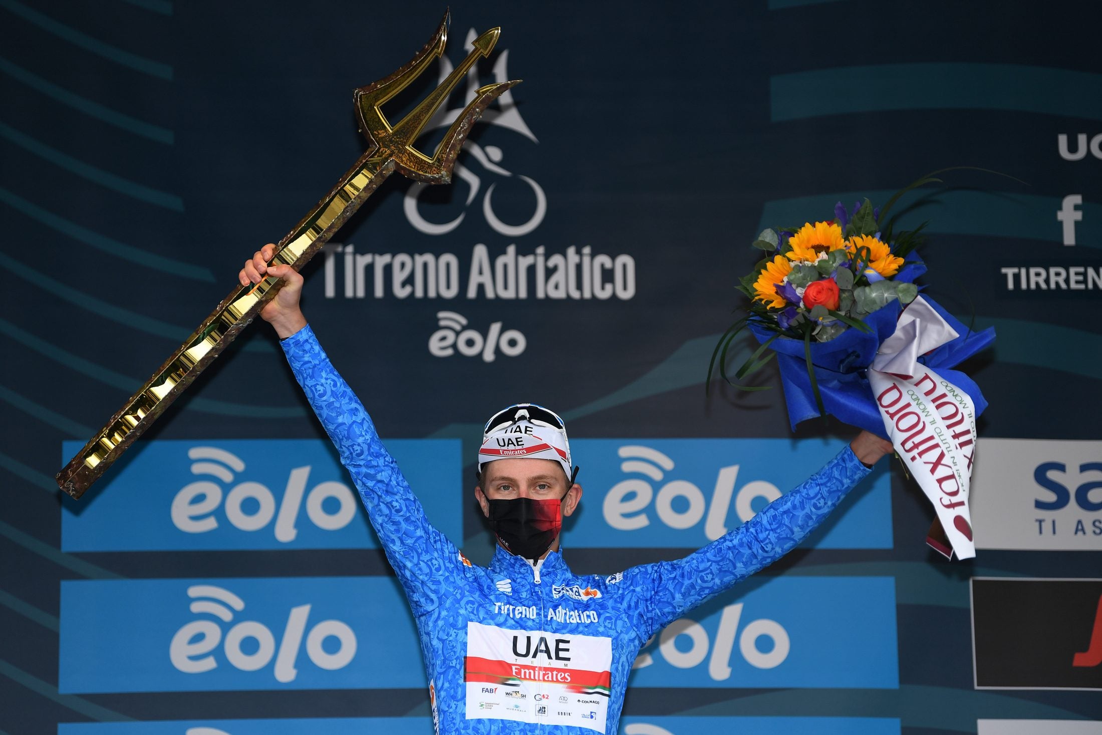 Tadej Pogačar of UAE Team Emirates wins the 2021 Tirreno-Adriatico in San Benedetto del Tronto, Italy. Photo: Tim de Waele/Getty Images