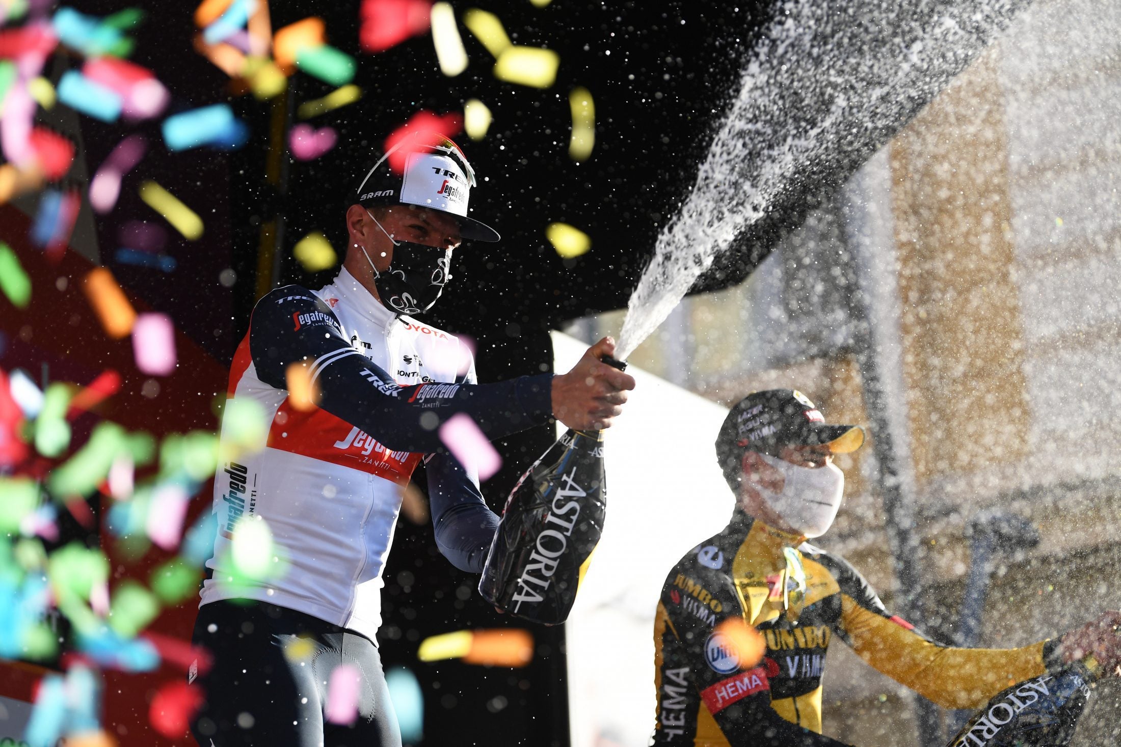 Jasper Stuyven celebrates following his victory at the 2021 Milano-Sanremo.