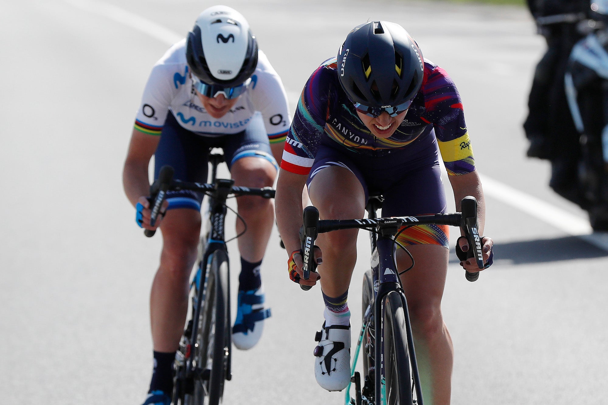 WAREGEM, BELGIUM - MARCH 31: Annemiek Van Vleuten of Netherlands and Movistar Team &amp; Katarzyna Niewiadoma of Poland and Team Canyon SRAM Racing during the 9th Dwars door Vlaanderen 2021, Women's Elite a 122,2km race from Waregem to Waregem / Breakaway / #DDV21 / #DDVWomen / @FlandersClassic / A travers la Flandre / on March 31, 2021 in Waregem, Belgium. (Photo by Bas Czerwinski/Getty Images)