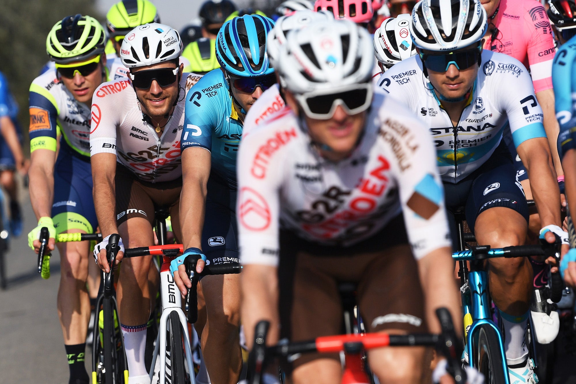 AL MARJAN ISLAND, UNITED ARAB EMIRATES - FEBRUARY 24: Larry Warbasse of The United States and AG2R Citroën Team &amp; Alexey Lutsenko of Kazakhstan and Team Astana-Premier Tech during the 3rd UAE Tour 2021, Stage 4 a 204km stage from Al Marjan Island to Al Marjan Island / #UAETour / on February 24, 2021 in Al Marjan Island, United Arab Emirates. (Photo by )