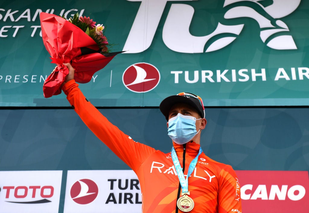 KONYA, TURKEY - APRIL 11: Podium / Arvid De Kleijn of Netherlands and Team Rally Cycling Celebration, during the 56th Presidential Cycling Tour Of Turkey 2021, Stage 1 a 72,4km stage from Konya to Konya 1030m / Mask / Covid Safety Measures / Route modified due to snow on the original itinerary / #TUR2021 / @tourofturkeyTUR / on April 11, 2021 in Konya, Turkey. (Photo by Stuart Franklin/Getty Images)