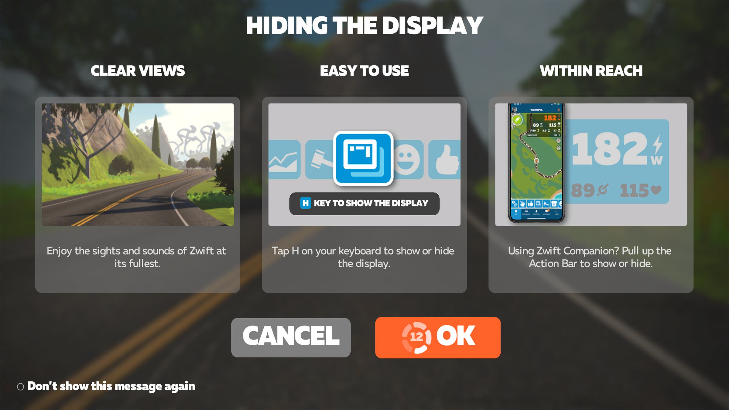 Pressing the "H" key toggles hiding/viewing the heads-up display in Zwift.
