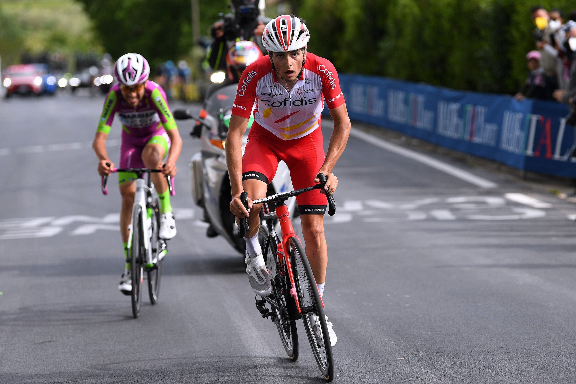 GUARDIA SANFRAMONDI, ITALY - MAY 15: Victor Lafay of France and Team Cofidis attacks in the Breakaway during the 104th Giro d'Italia 2021, Stage 8 a 170km stage from Foggia to Guardia Sanframondi 455m / @girodiitalia / #Giro / #UCIworldtour / on May 15, 2021 in Guardia Sanframondi, Italy. (Photo by Tim de Waele/Getty Images)