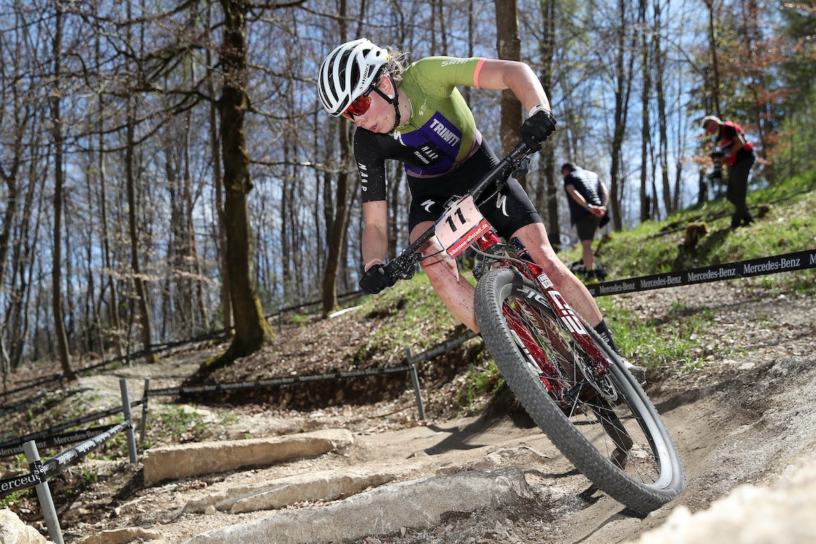 ALBSTADT, GERMANY - MAY 09: Haley Batten of United States of America competes in Cross-Country Olympic Women Elite race during UCI Mountain Bike World Cup on May 09, 2021 in Albstadt, Germany.