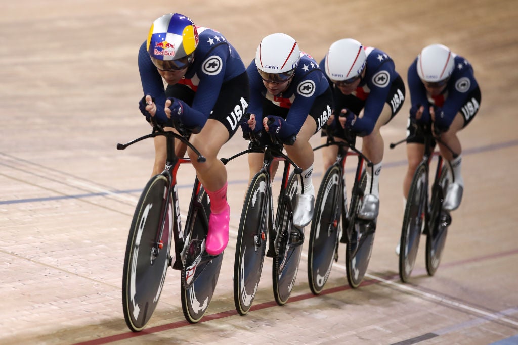 BERLIN, GERMANY - FEBRUARY 27: Members of Team USA Jennifer Valente, Chloe Dygert, Emma White and Lily Williams compete during the Women's Team Pursuit Final during day 2 of the UCI Track Cycling World Championships Berlin at Velodrom on February 27, 2020 in Berlin, Germany. (Photo by Maja Hitij/Getty Images)