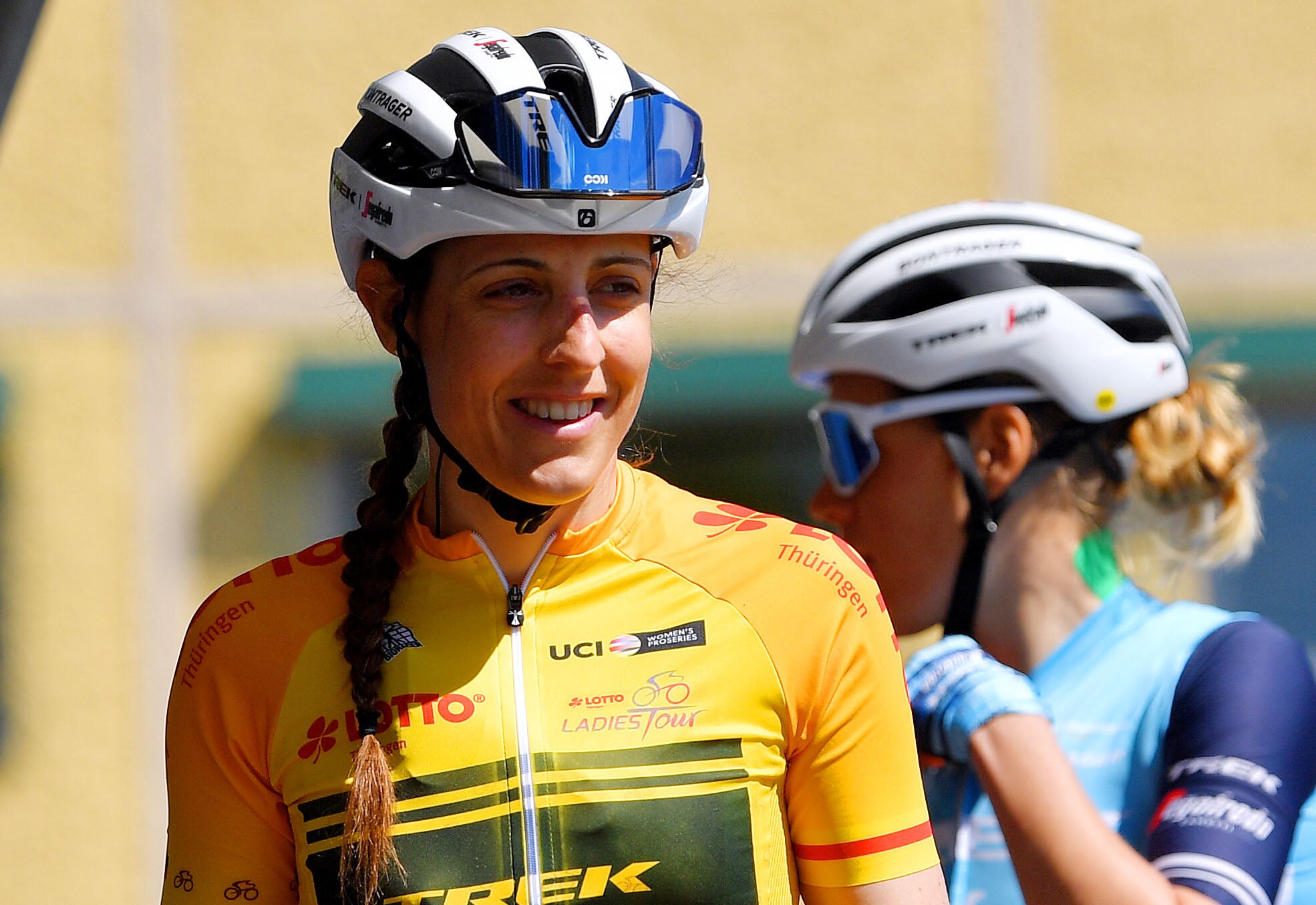 GOTHA, GERMANY - MAY 30: Lucinda Brand of Netherlands and Trek - Segafredo yellow leader jersey at start during the 34th Internationale LOTTO Thüringen Ladies Tour 2021, Stage 6 a 97,8km stage from Gotha to Gotha / #ltlt2021 / #lottothueringenladiestour / #womencycling / on May 30, 2021 in Gotha, Germany. (Photo by Luc Claessen/Getty Images)