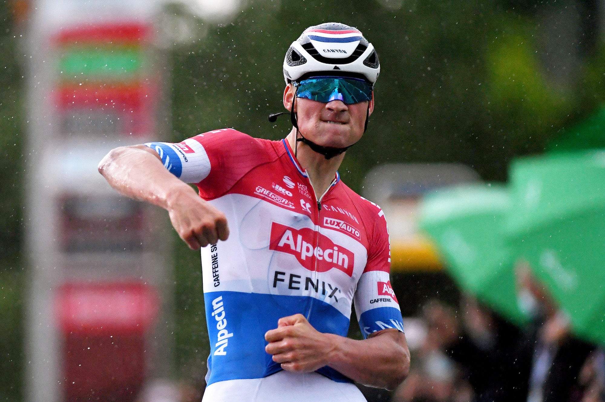 LACHEN, SWITZERLAND - JUNE 07: Mathieu Van Der Poel of Netherlands and Team Alpecin-Fenix stage winner celebrates at arrival during the 84th Tour de Suisse 2021, Stage 2 a 178km stage from Neuhausen am Rheinfall to Lachen / Rain / #UCIworldtour / @tds / #tourdesuisse / on June 07, 2021 in Lachen, Switzerland. (Photo by Tim de Waele/Getty Images)