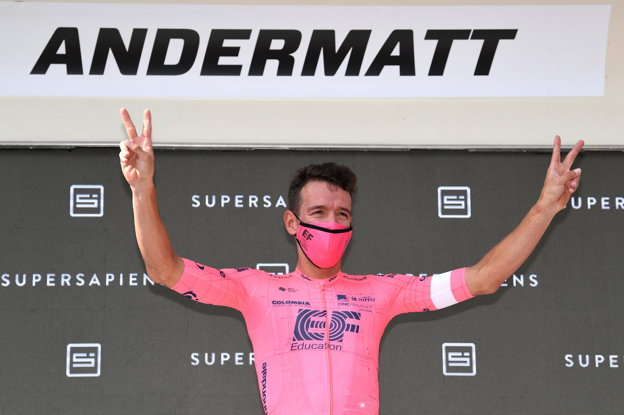 ANDERMATT, SWITZERLAND - JUNE 12: Rigoberto Uran Uran of Colombia and Team EF Education - Nippo stage winner celebrates at podium during the 84th Tour de Suisse 2021, Stage 7 a 23,2km Individual Time Trial stage from Disentis-Sedrun to Andermatt / ITT / Mountains / Snow / Landscape / #UCIworldtour / @tds / #tourdesuisse / on June 12, 2021 in Andermatt, Switzerland. (Photo by Tim de Waele/Getty Images)