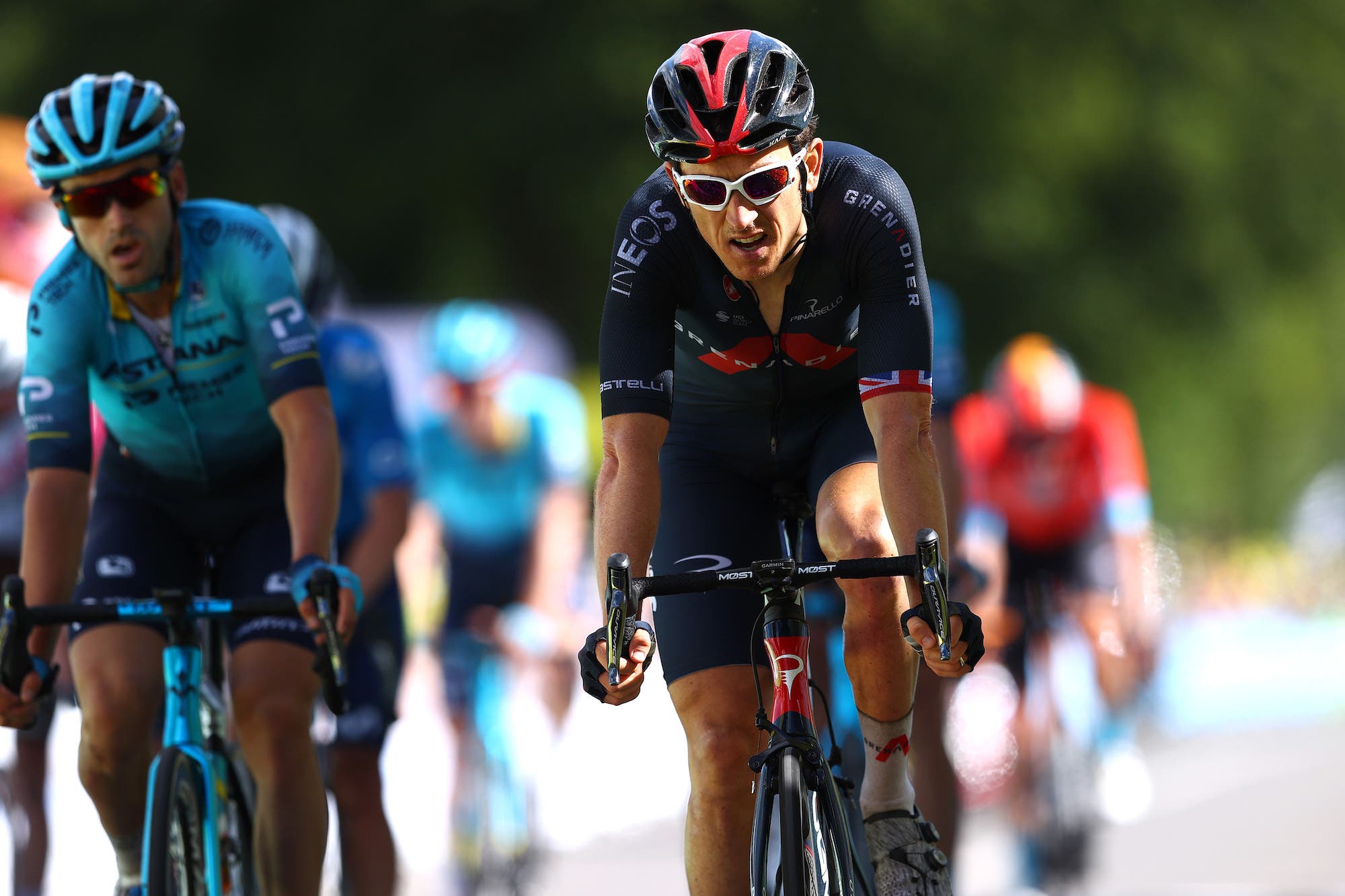 MÛR-DE-BRETAGNE GUERLÉDAN, FRANCE - JUNE 27: Geraint Thomas of The United Kingdom and Team INEOS Grenadiers at arrival during the 108th Tour de France 2021, Stage 2 a 183,5km stage from Perros-Guirec to Mûr-de-Bretagne Guerlédan 293m / @LeTour / #TDF2021 / on June 27, 2021 in Mûr-de-Bretagne Guerlédan, France. (Photo by Michael Steele/Getty Images)