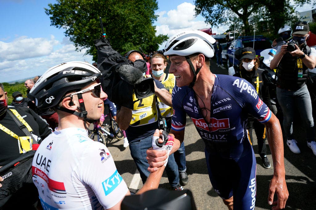 Pogacar congratulates van der Poel.