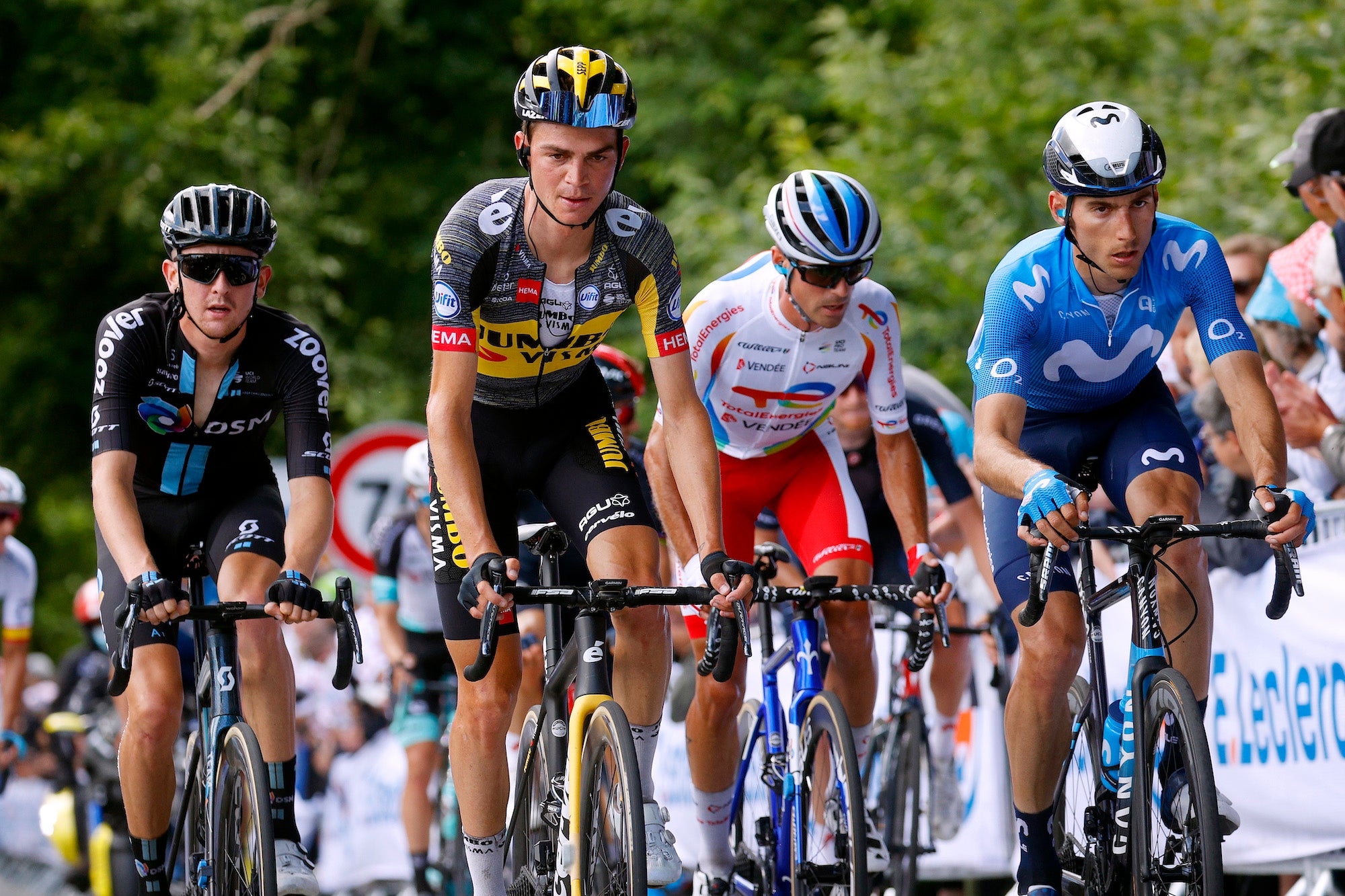 MÛR-DE-BRETAGNE GUERLÉDAN, FRANCE - JUNE 27: Sepp Kuss of The United States and Team Jumbo-Visma & Carlos Verona of Spain and Movistar Team during the 108th Tour de France 2021, Stage 2 a 183,5km stage from Perros-Guirec to Mûr-de-Bretagne Guerlédan 293m / @LeTour / #TDF2021 / on June 27, 2021 in Mûr-de-Bretagne Guerlédan, France. (Photo by Chris Graythen/Getty Images)