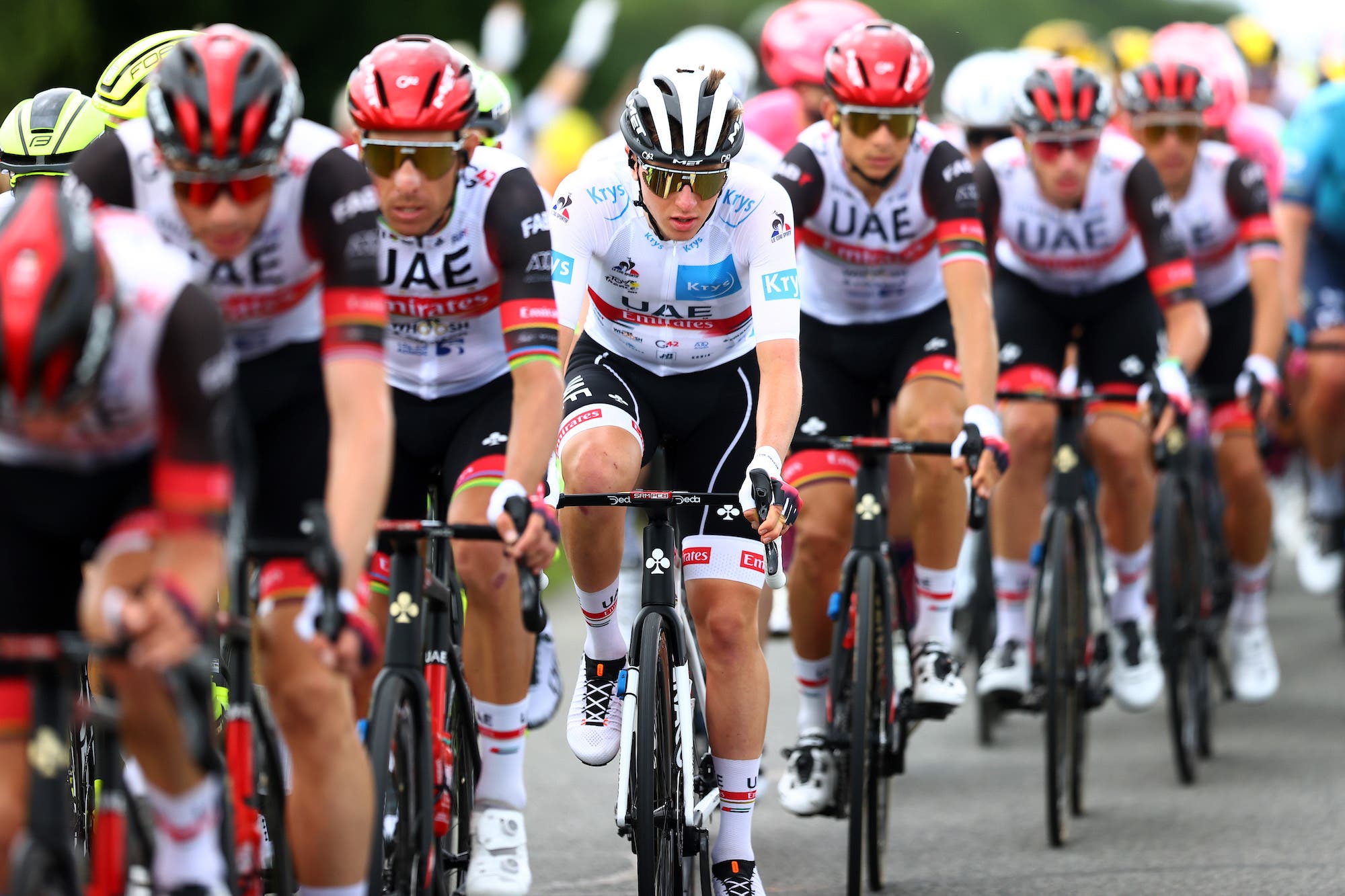 FOUGERES, FRANCE - JUNE 29: Tadej Pogačar of Slovenia and UAE-Team Emirates white best young jersey during the 108th Tour de France 2021, Stage 4 a 150,4km stage from Redon to Fougères / @LeTour / #TDF2021 / on June 29, 2021 in Fougeres, France. (Photo by Michael Steele/Getty Images)