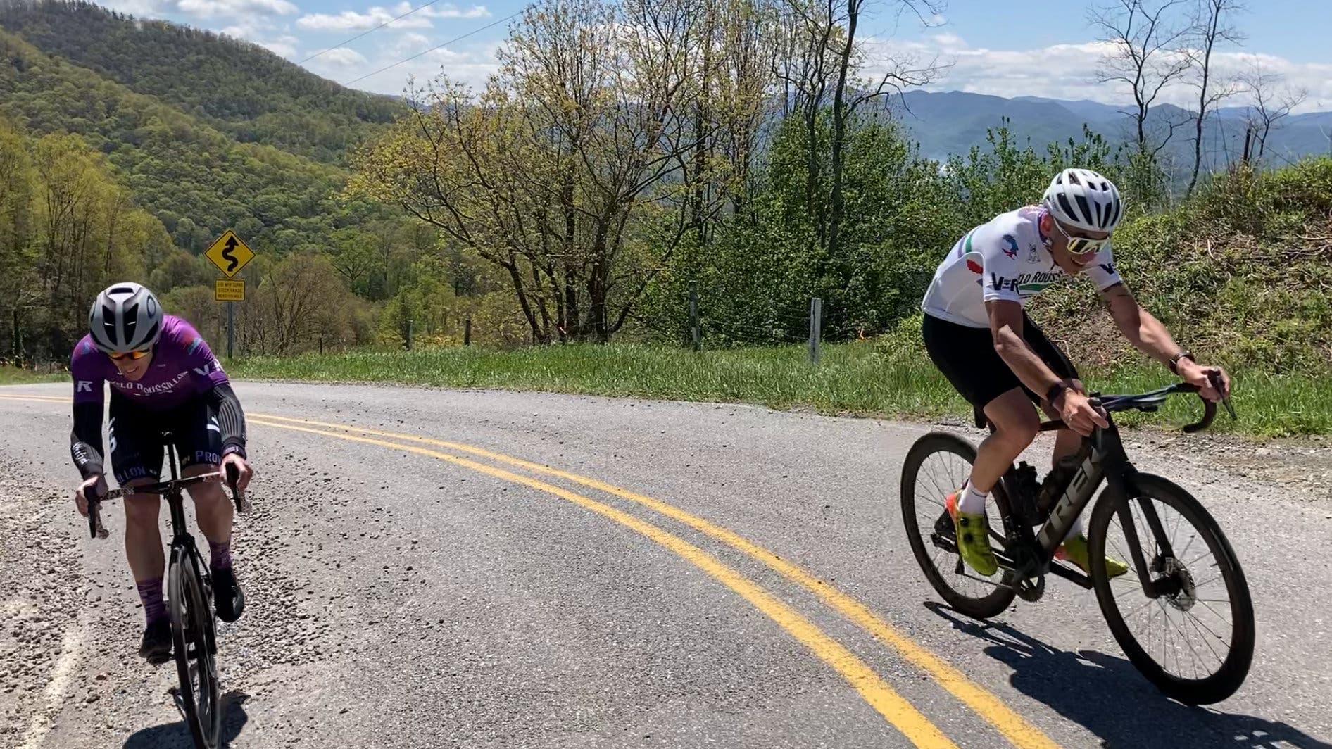 Justin (left) and the author “paperboyed” some of a climb with pitches as steep as 24 percent.
