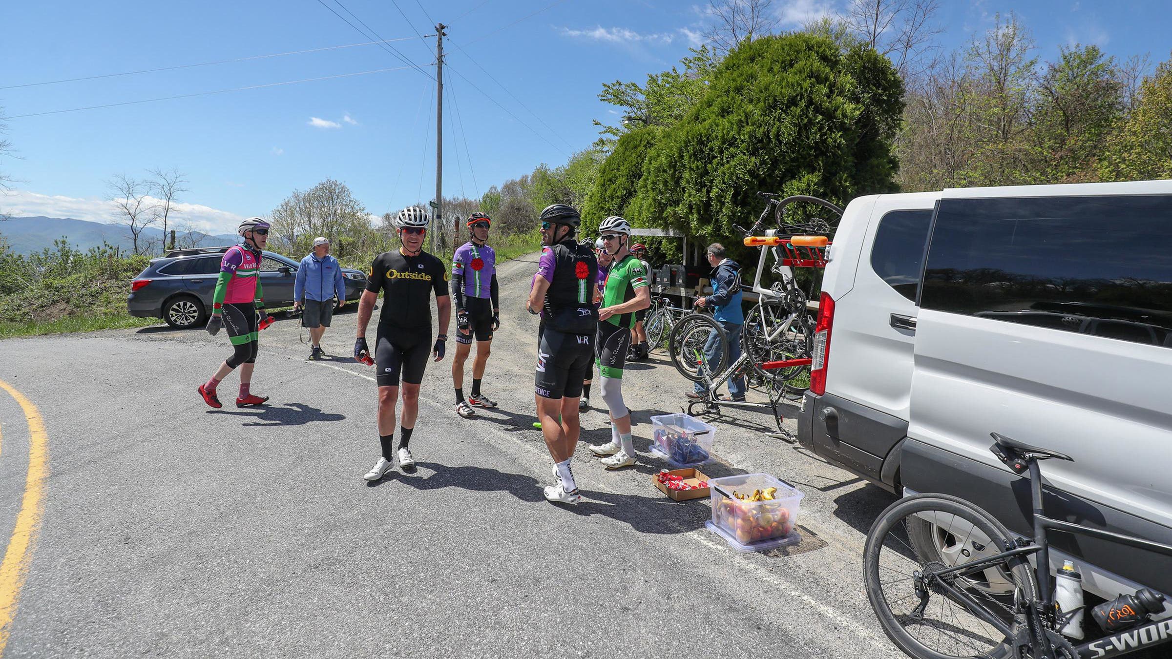 Philip Martindale brought the van to the top of climbs where the Velo Roussillon riders could exchange clothing and restock food and drink.