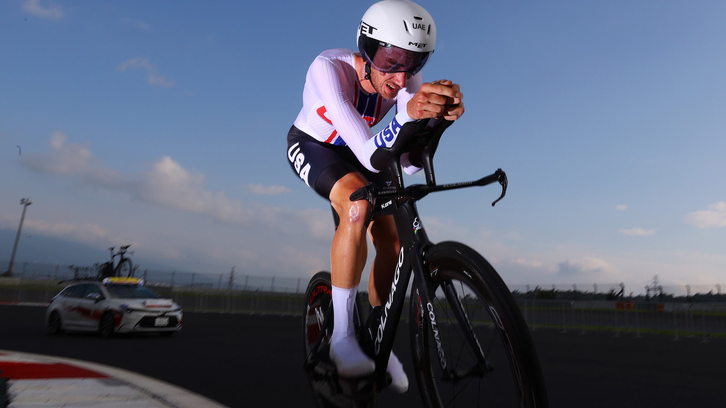 American Brandon McNulty racing at the Tokyo 2020 Olympic time trial.