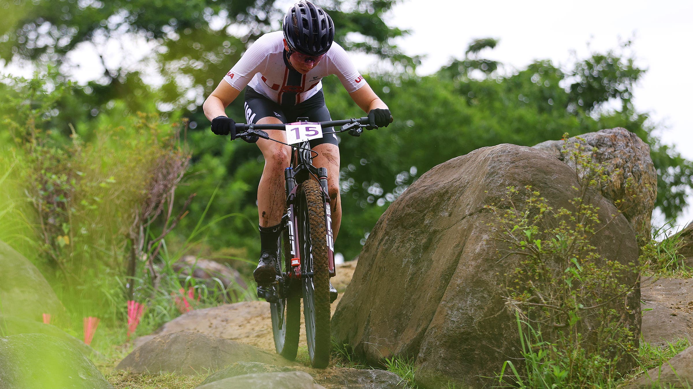 Haley Batten races the Tokyo Olympic Games cross-coutry mountain bike event.