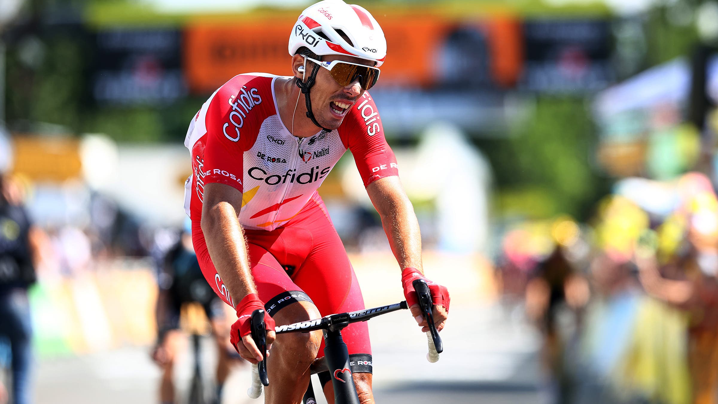 Christophe Laporte comes across the line at the conclusion of stage 19 of the 2021 Tour de France.