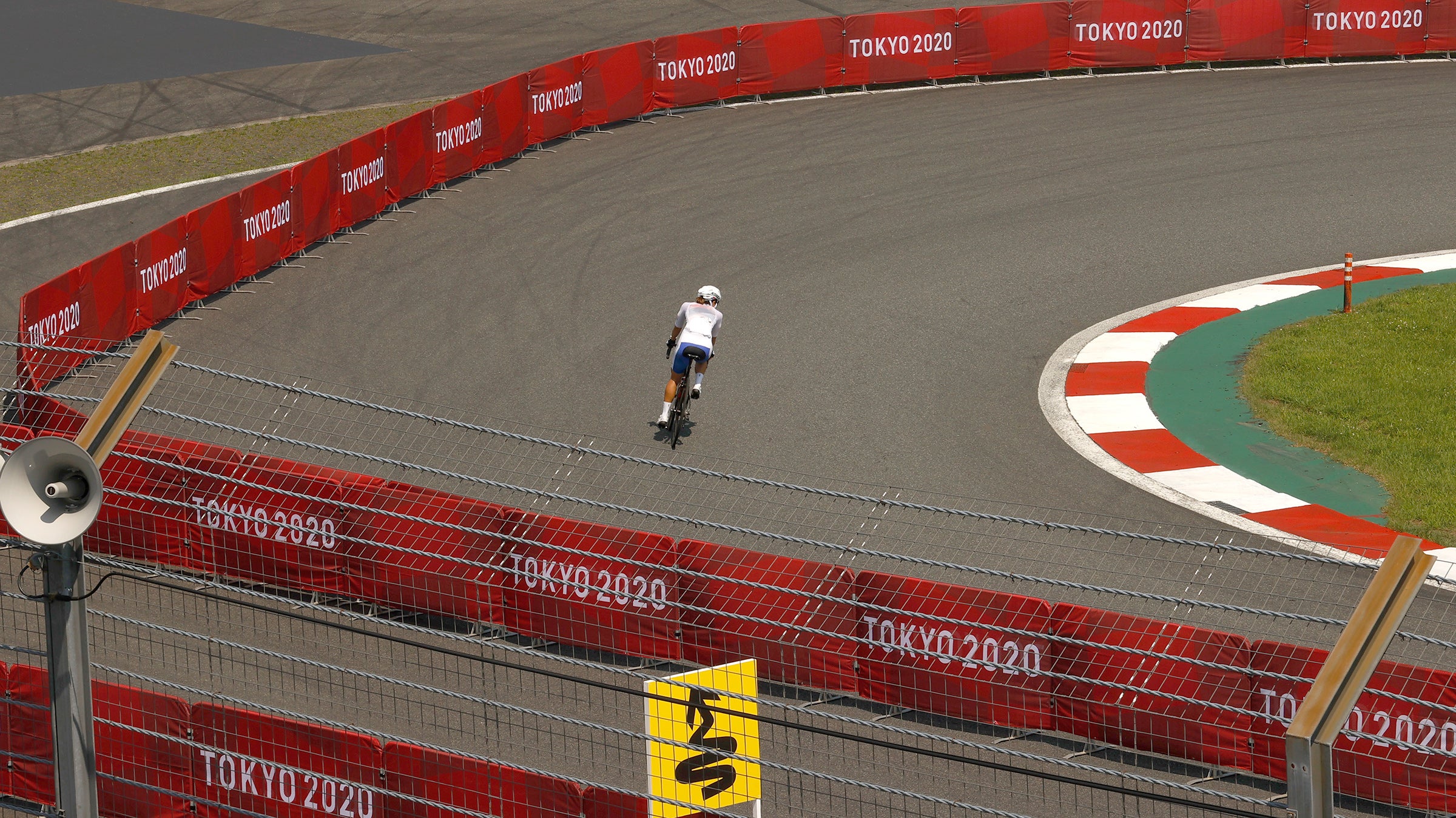 A solo rider previews the time trial course on the Mt Fuji raceway ahead of the start of the 2020 Tokyo Olympics.