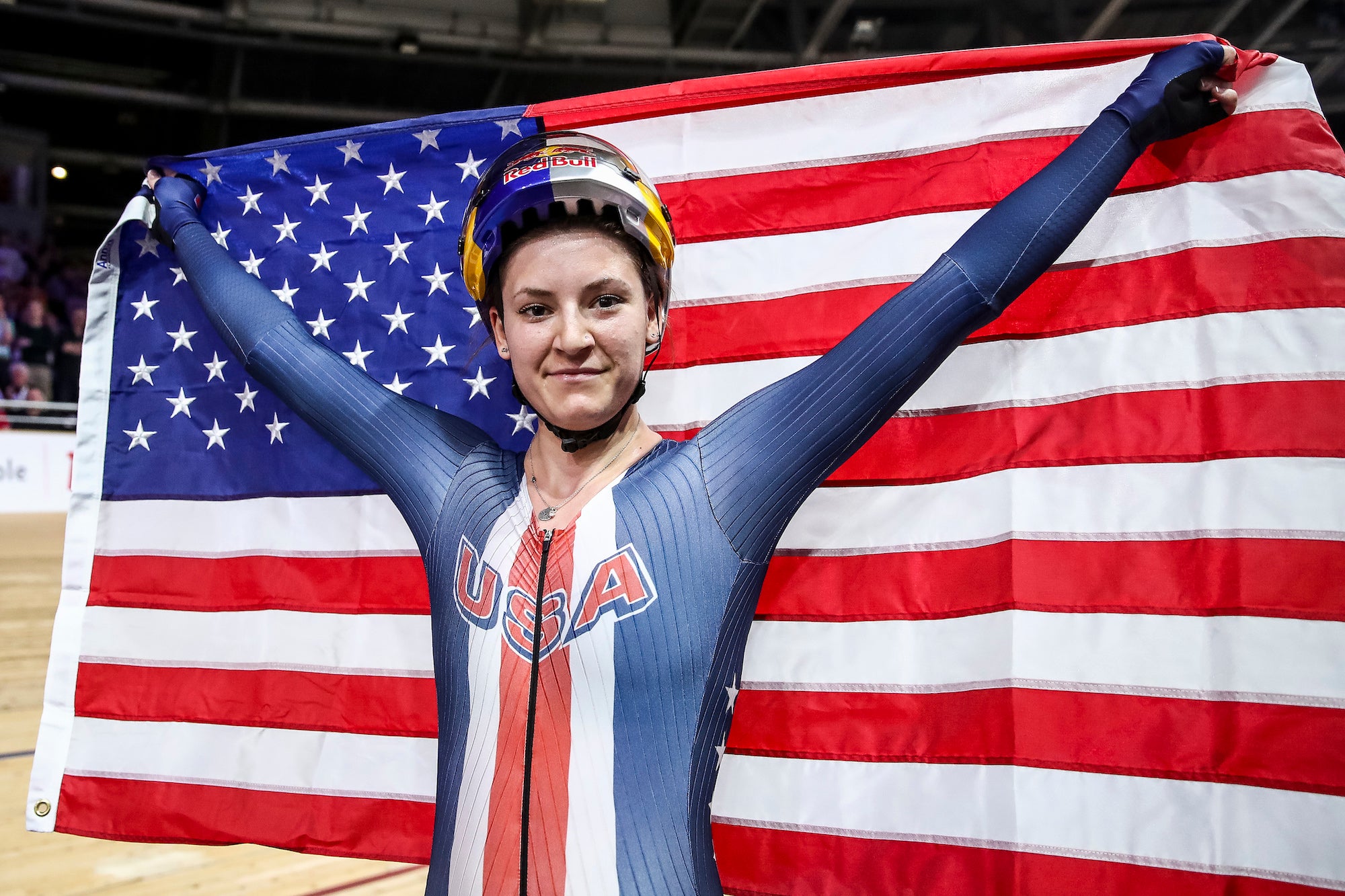 BERLIN, GERMANY - FEBRUARY 29: Chloe Dygert of USA celebrates after final of the Women's Individual Pursuit during day 4 of the UCI Track Cycling World Championships Berlin at Velodrom on February 29, 2020 in Berlin, Germany. (Photo by Maja Hitij/Getty Images)