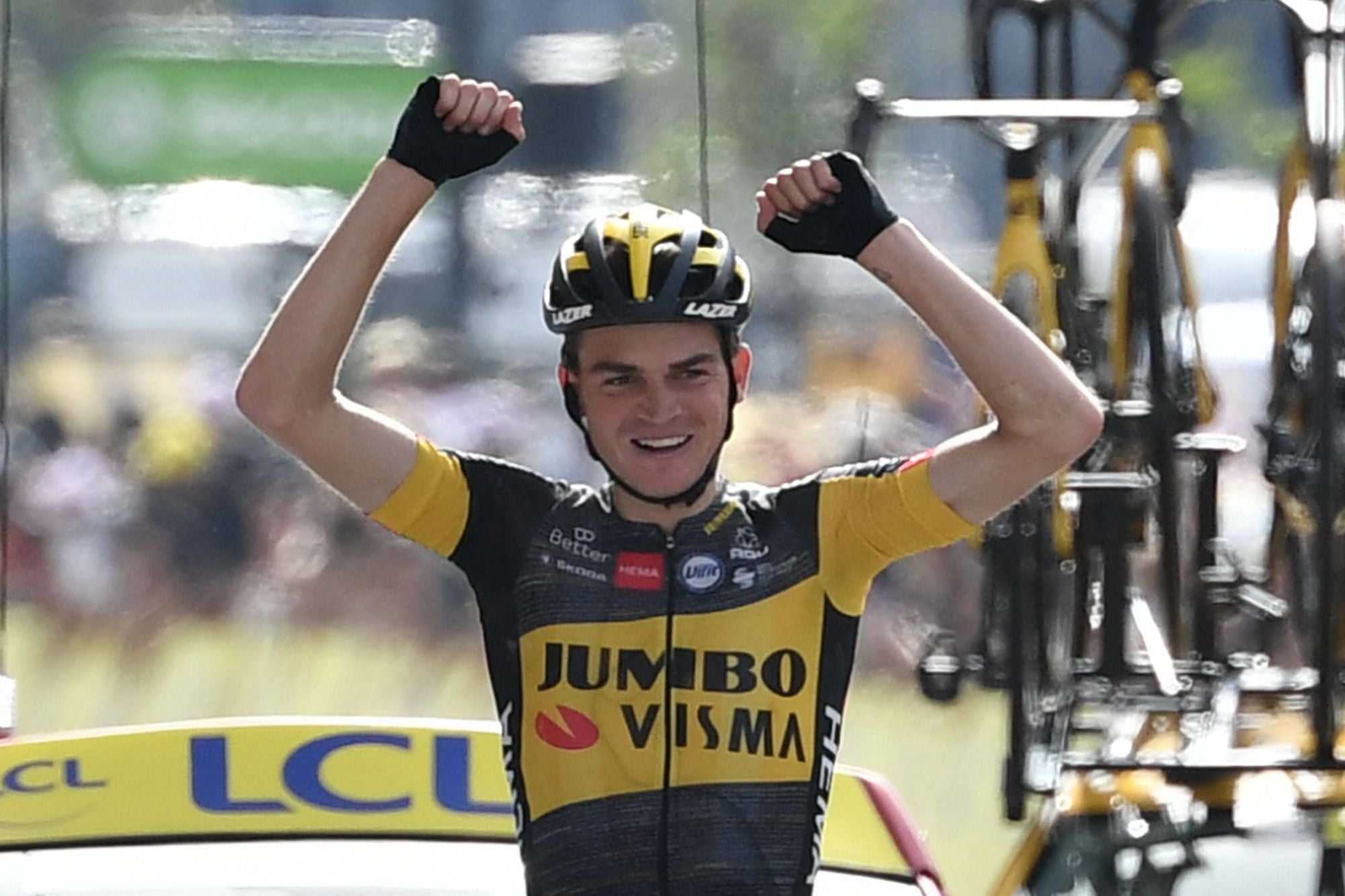 Team Jumbo Visma's Sepp Kuss of US celebrates as he crosses the finish line of the 15th stage of the 108th edition of the Tour de France.