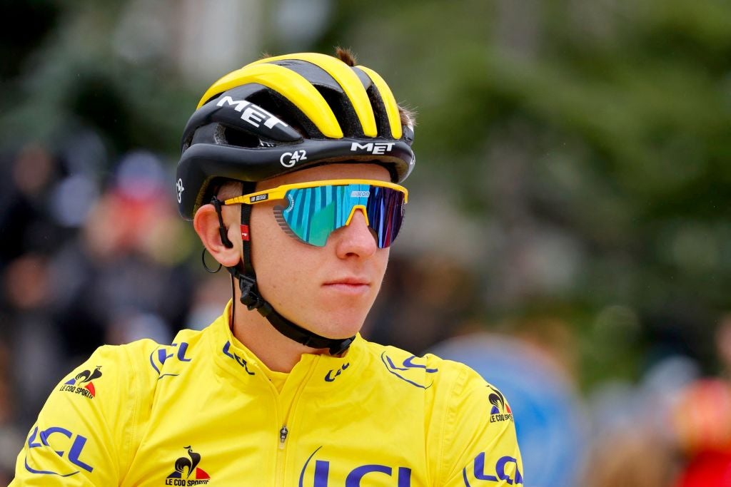 Team UAE Emirates' Tadej Pogacar of Slovenia wearing the overall leader's yellow jersey prior to the start of 16th stage of the 108th edition of the Tour de France cycling race, 169 km between Pas De La Case and Saint-Gaudens, on July 13, 2021. (Photo by Thomas SAMSON / AFP) (Photo by THOMAS SAMSON/AFP via Getty Images)