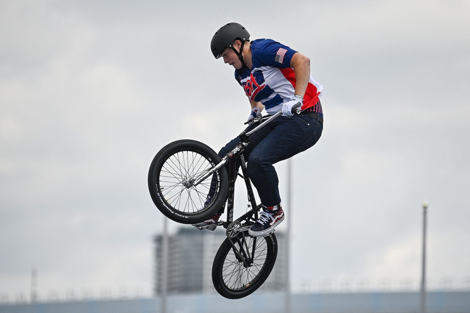USA's Hannah Roberts competes in the cycling BMX freestyle women's park seeding event at the Ariake Urban Sports Park during the Tokyo 2020 Olympic Games in Tokyo on July 31, 2021. (Photo by Lionel BONAVENTURE / AFP) (Photo by LIONEL BONAVENTURE/AFP via Getty Images)