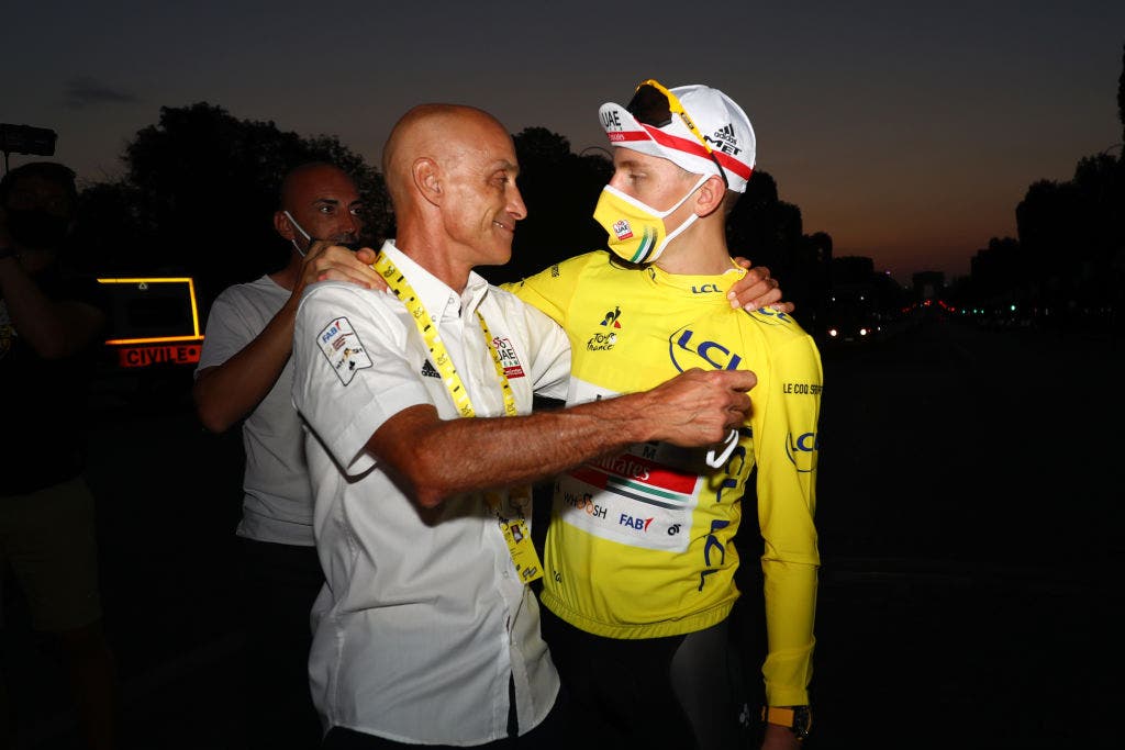 PARIS, FRANCE - SEPTEMBER 20: Mauro Gianetti of Switzerland CEO UAE Team Emirates / Tadej Pogacar of Slovenia and UAE Team Emirates Yellow Leader Jersey / Celebration / during the 107th Tour de France 2020, Stage 21 a 122km stage from Mantes-La-Jolie to Paris Champs-Élysées / #TDF2020 / @LeTour / on September 20, 2020 in Paris, France. (Photo by Michael Steele/Getty Images)