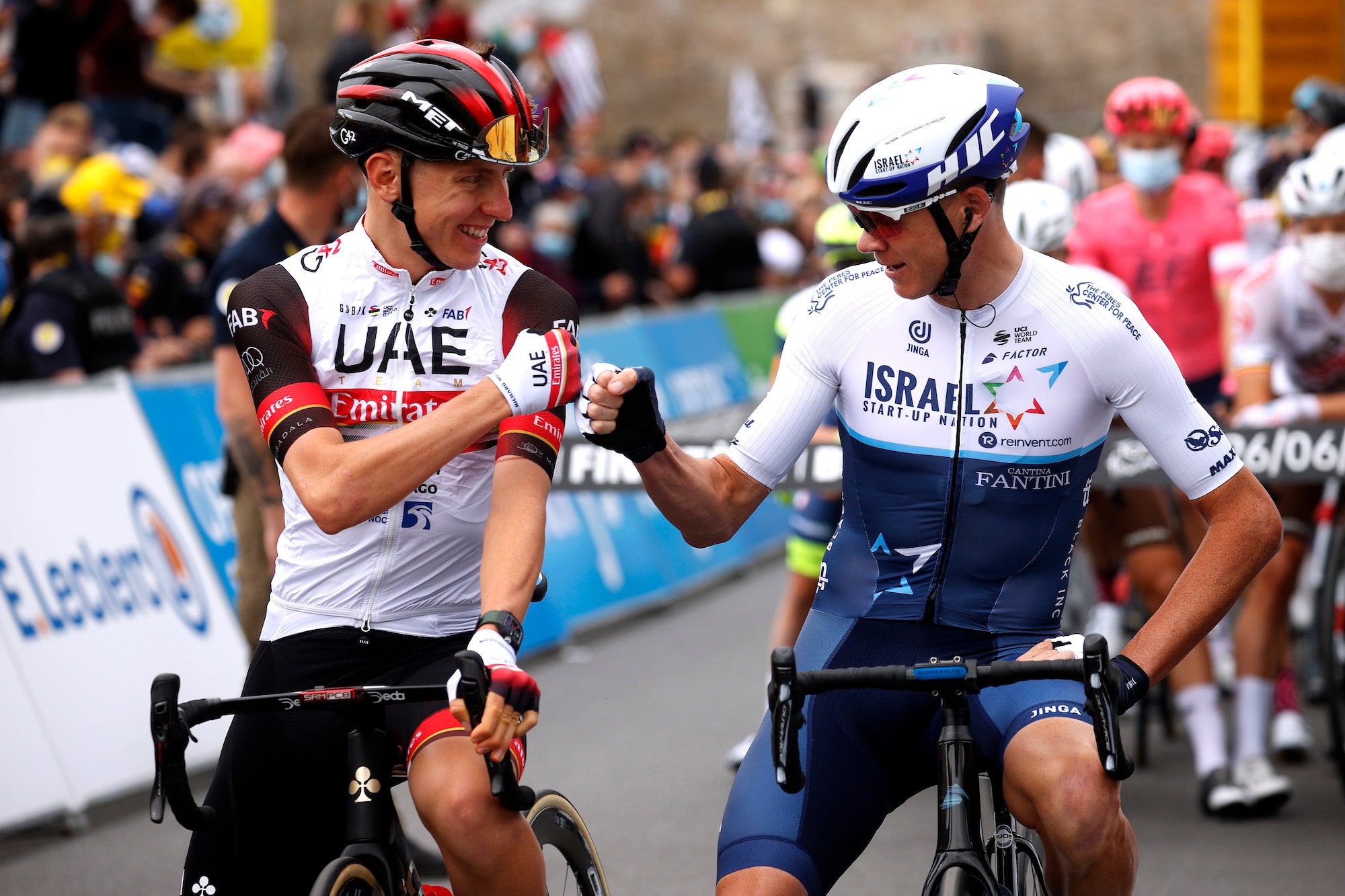 LANDERNEAU, FRANCE - JUNE 26: Tadej Pogačar of Slovenia and UAE-Team Emirates &amp; Chris Froome of The United Kingdom and Team Israel Start-Up Nation at start during the 108th Tour de France 2021, Stage 1 a 197,8km stage from Brest to Landerneau - Côte De La Fosse Aux Loups 176m / Team Presentation / @LeTour / #TDF2021 / on June 26, 2021 in Landerneau, France. (Photo by Chris Graythen/Getty Images)