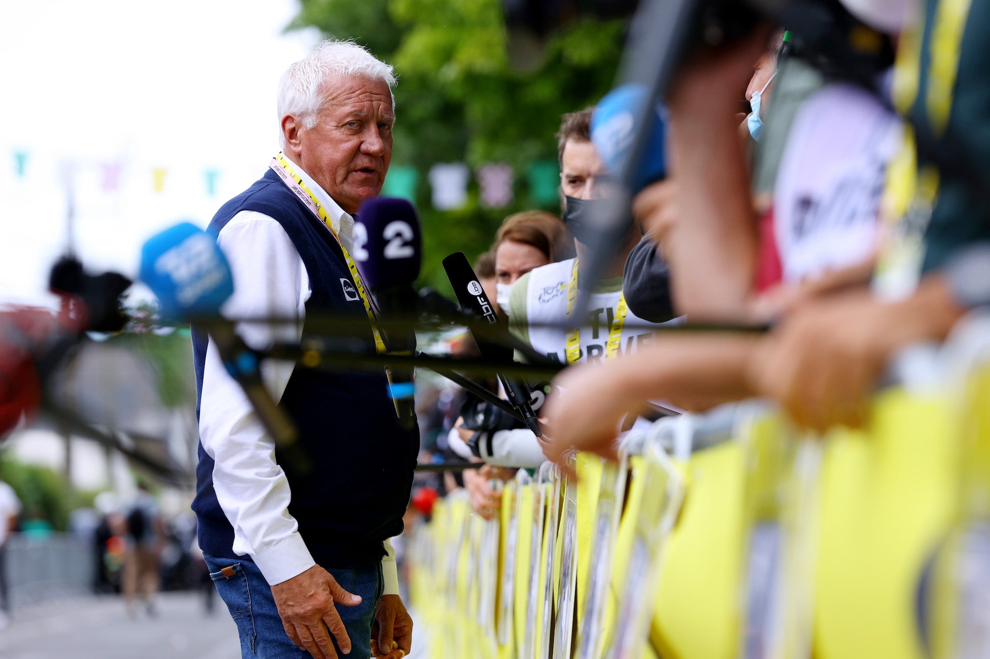 FOUGERES, FRANCE - JUNE 29: Patrick Lefevere of Belgium  Team manager of Deceuninck - Quick-Step at arrival during the 108th Tour de France 2021, Stage 4 a 150,4km stage from Redon to Fougères / Press / Media / Interview / @LeTour / #TDF2021 / on June 29, 2021 in Fougeres, France. (Photo by Tim de Waele/Getty Images)