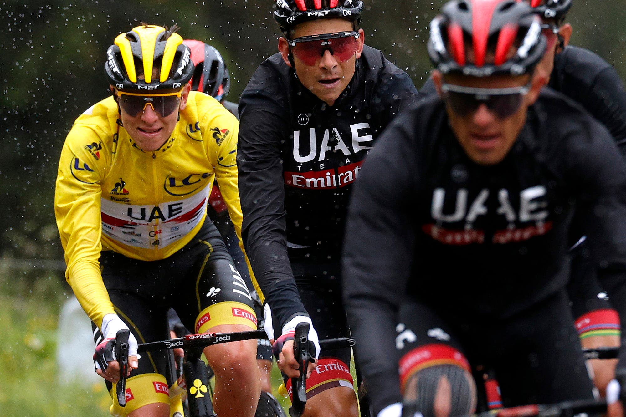 TIGNES, FRANCE - JULY 04: Tadej Pogačar of Slovenia and UAE-Team Emirates yellow leader jersey, Davide Formolo of Italy and UAE-Team Emirates during the 108th Tour de France 2021, Stage 9 a 144,9km stage from Cluses to Tignes - Montée de Tignes 2107m / @LeTour / #TDF2021 / on July 04, 2021 in Tignes, France. (Photo by Chris Graythen/Getty Images)