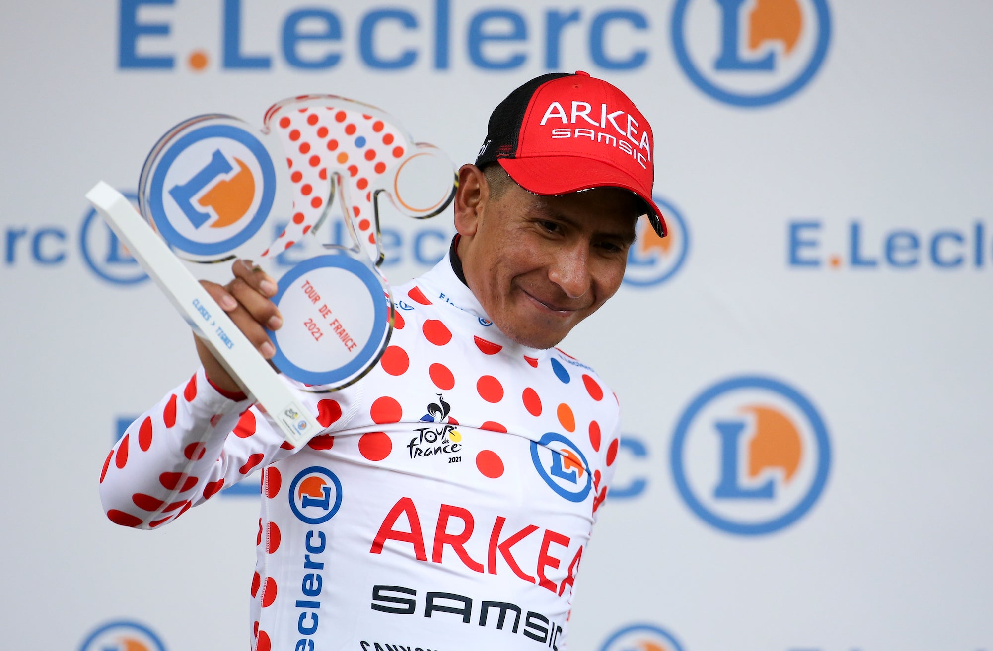 TIGNES, FRANCE - JULY 4: Nairo Quintana of Colombia and Team Arkea - Samsic wears the polka dot jersey of best climber during the trophy ceremony of stage 9 of the 108th Tour de France 2021, a stage of 145 km between Cluses and Tignes / @LeTour / #TDF2021 / on July 4, 2021 in Tignes, France. (Photo by )