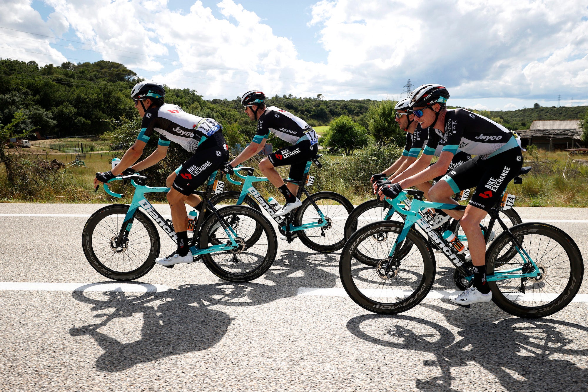 NÎMES, FRANCE - JULY 08: Amund Grøndahl Jansen of Norway, Luke Durbridge of Australia, Simon Yates of The United Kingdom &amp; Lucas Hamilton of Australia and Team BikeExchange during the 108th Tour de France 2021, Stage 12 a 159,4km stage from Saint-Paul-Trois-Chateaux to Nimes / @LeTour / #TDF2021 / on July 08, 2021 in Nîmes, France. (Photo by Chris Graythen/Getty Images)