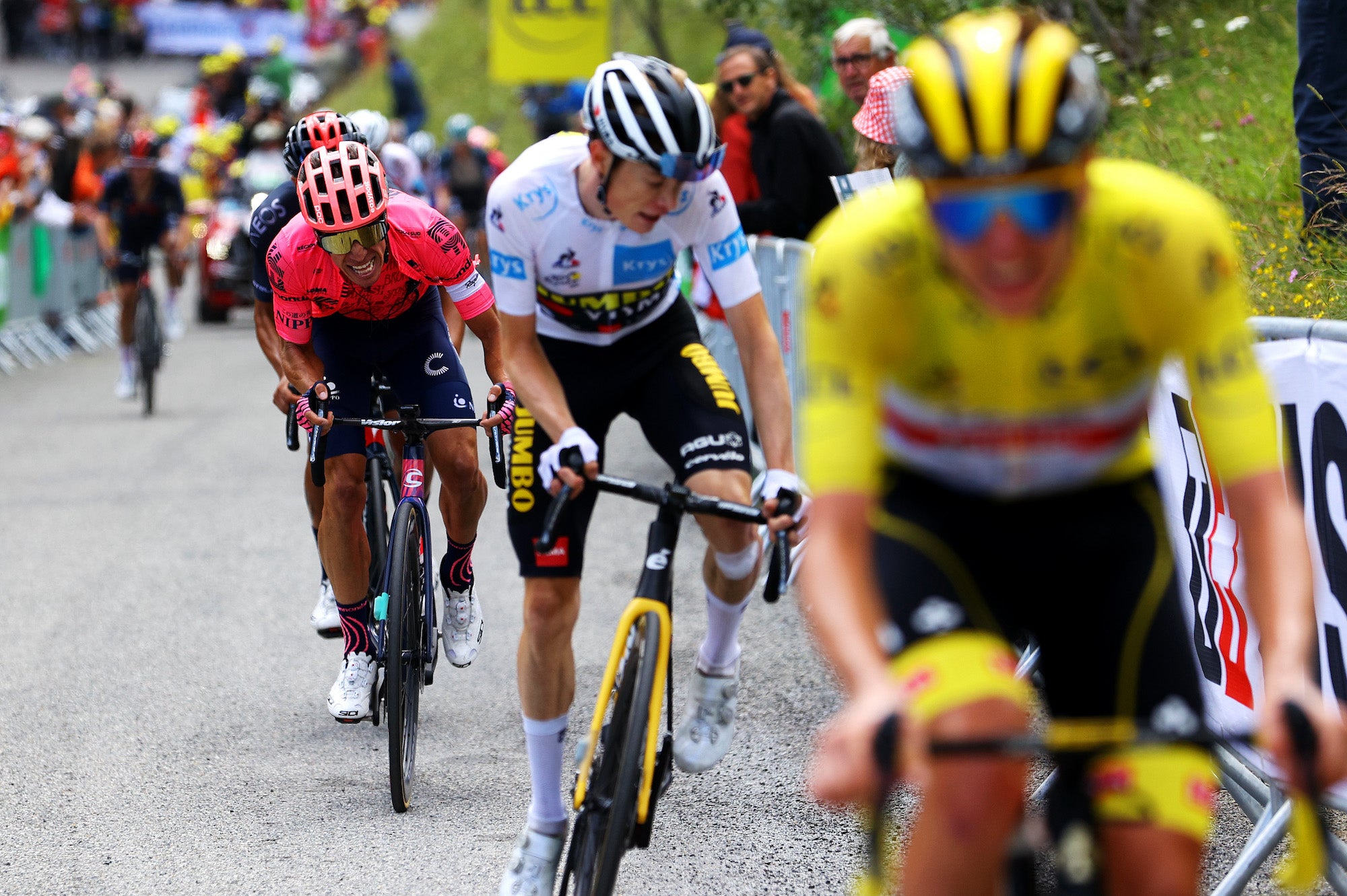 SAINT-LARY-SOULAN COL DU PORTET, FRANCE - JULY 14: Rigoberto Urán of Colombia and Team EF Education - Nippo, Jonas Vingegaard of Denmark and Team Jumbo-Visma White Best Young Rider Jersey &amp; Tadej Pogačar of Slovenia and UAE-Team Emirates Yellow Leader Jersey at Col du Portet (2215m) during the 108th Tour de France 2021, Stage 17 a 178,4km stage from Muret to Saint-Lary-Soulan Col du Portet 2215m / @LeTour / #TDF2021 / on July 14, 2021 in Saint-Lary-Soulan Col du Portet, France. (Photo by Tim de Waele/Getty Images)