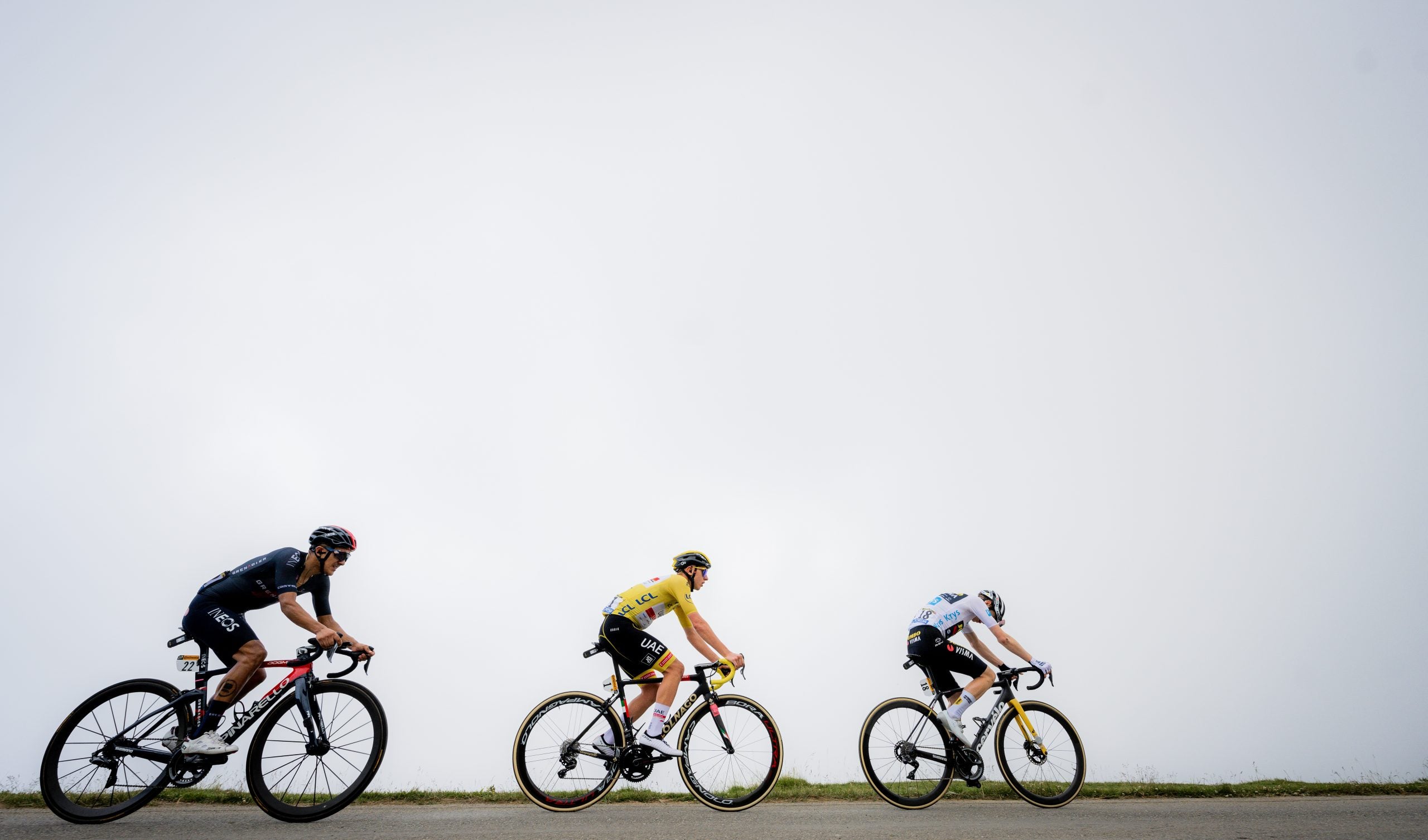 Richard Carapaz, Tadej Pogacar, and Jonas Vingegaard (left to right) on stage 17 of the 2021 Tour de France.