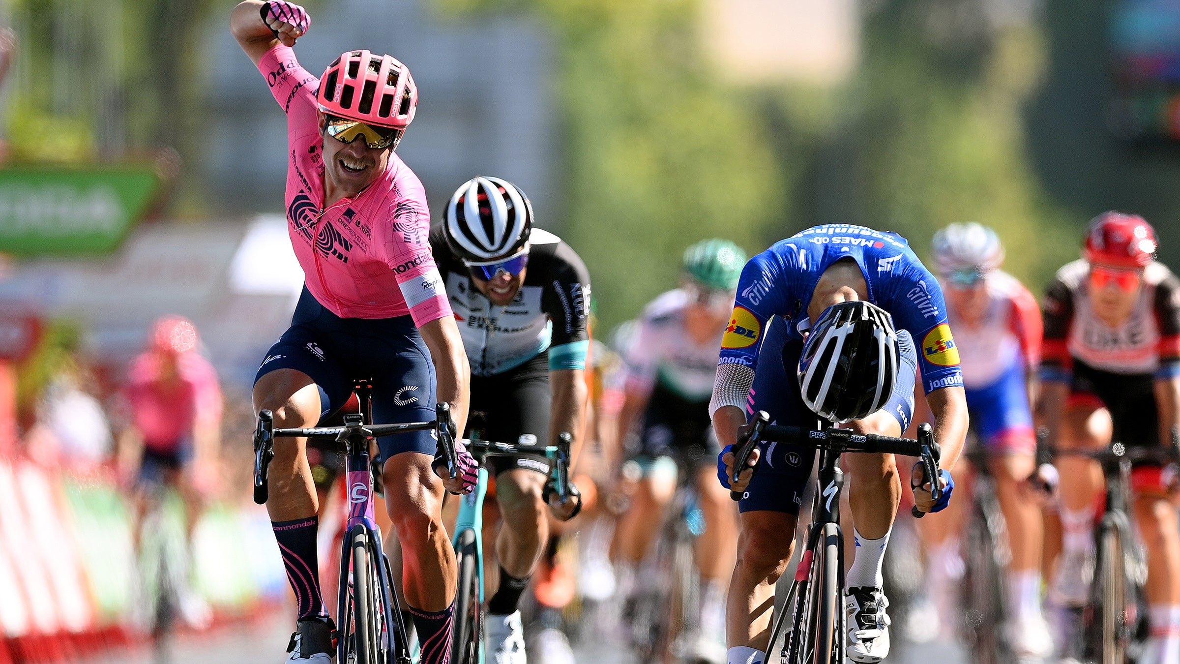 Magnus Cort Nielsen (EF Education-Nippo) held of Andrea Bagioli (Deceuninck-Quick-Step) to win stage 12 of the 2021 Vuelta a España.