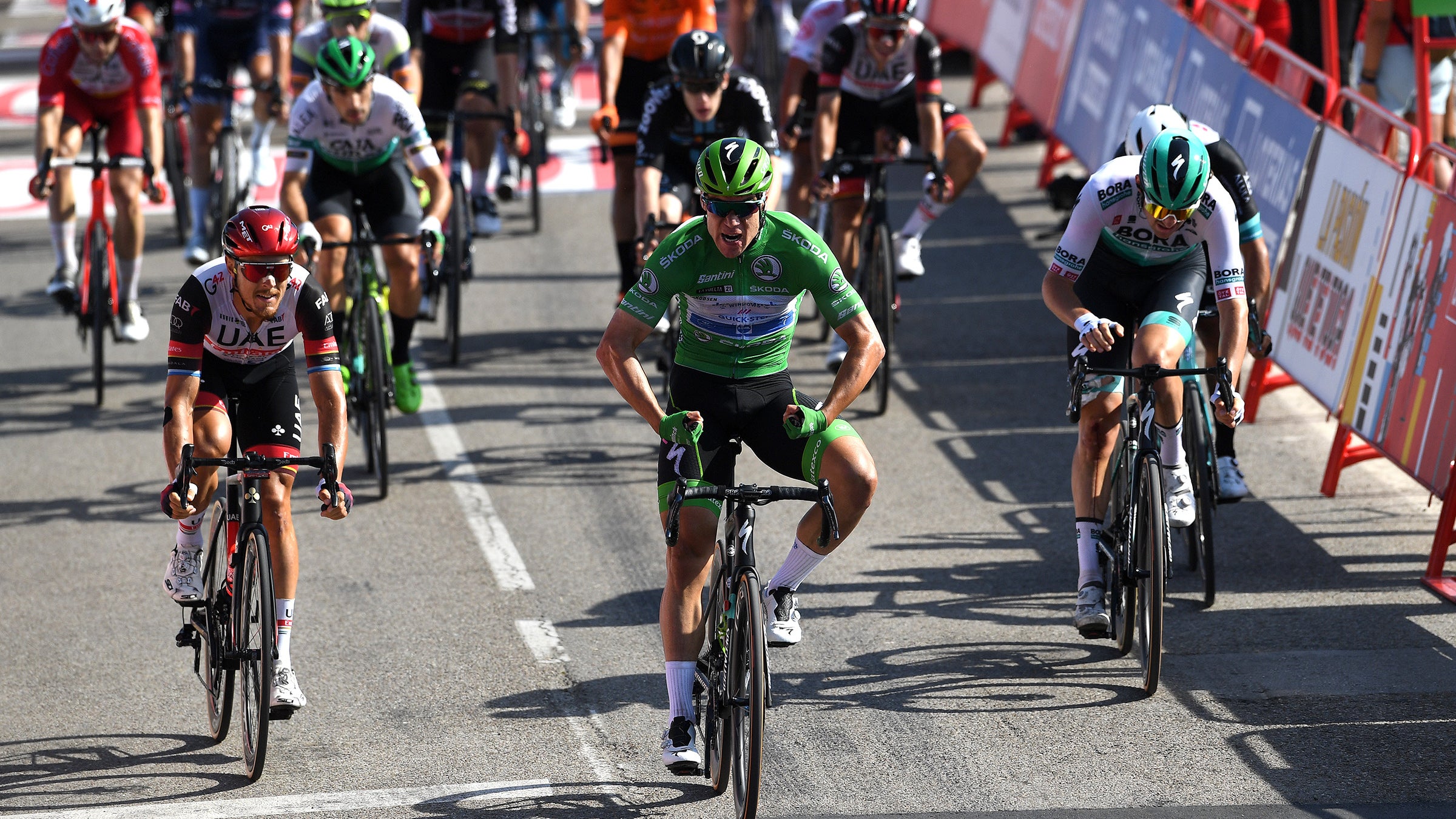 Fabio Jakobsen won stage 16 of the 2021 Vuelta a España.
