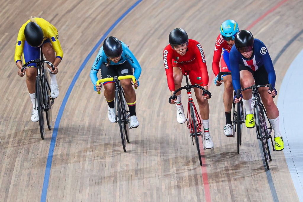 LIMA, PERU - AUGUST 03:  Jennifer Valente (FIRST R TO L) competes in Track Cycling Omnium Women Elimination Finals at Velodrome of VIDENA on Day 8 of Lima 2019 Pan American Games on August 03, 2019 in Lima, Peru. (Photo by Buda Mendes/Getty Images)