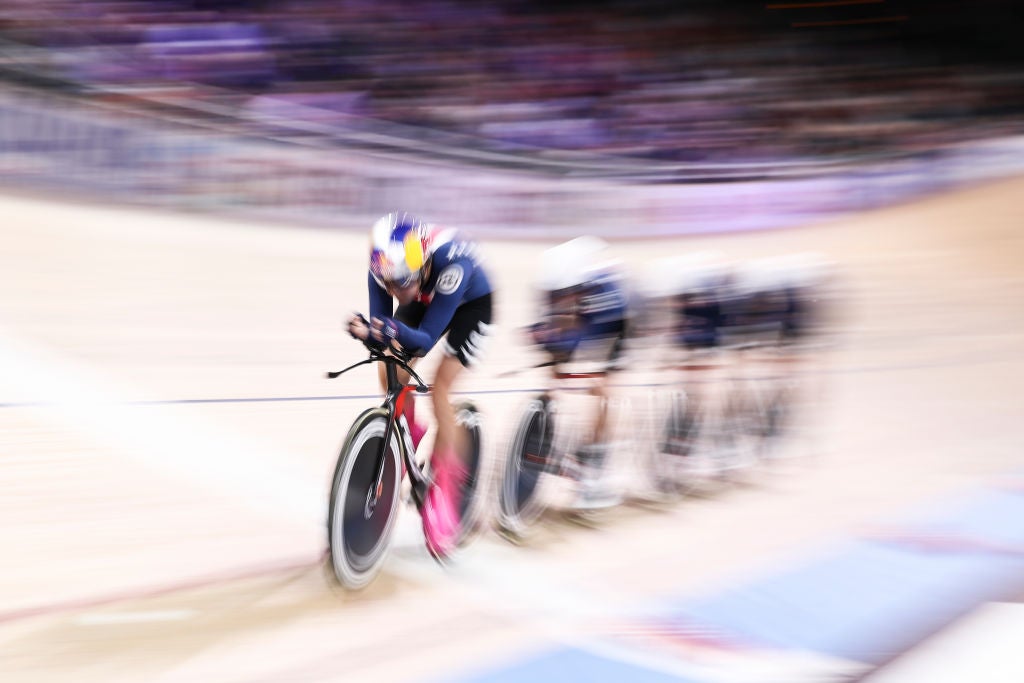 BERLIN, GERMANY - FEBRUARY 27: Members of Team USA Jennifer Valente, Chloe Dygert, Emma White and Lily Williams compete during the Women's Team Pursuit Finals during day 2 of the UCI Track Cycling World Championships Berlin at Velodrom on February 27, 2020 in Berlin, Germany. (Photo by Maja Hitij/Getty Images)