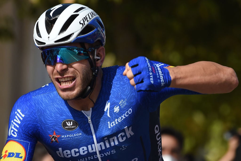 Florian Sénéchal celebrates his first grand tour stage win