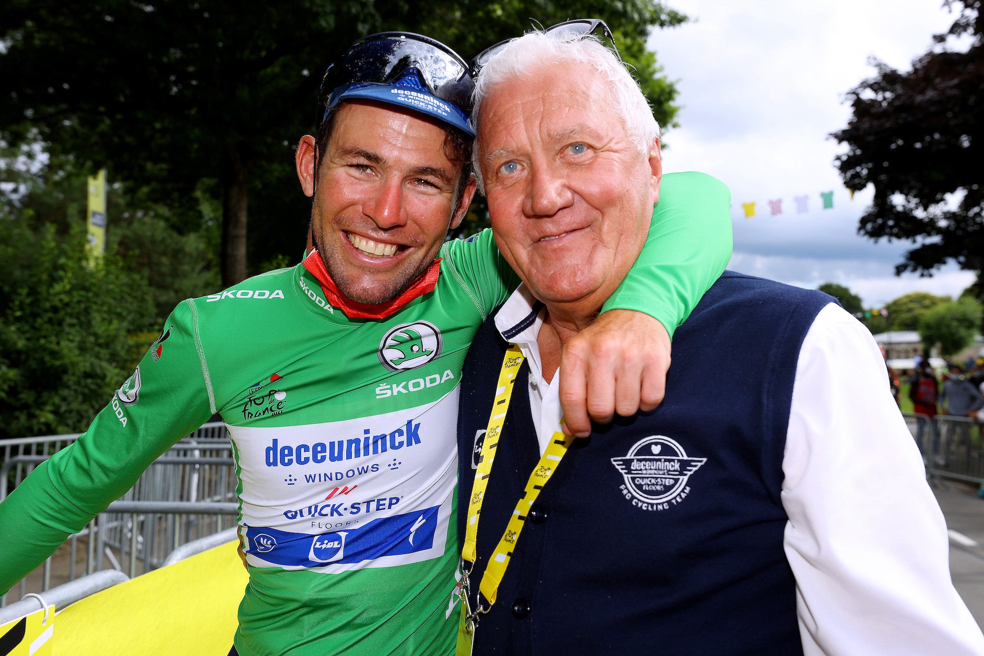 FOUGERES, FRANCE - JUNE 29: Mark Cavendish of The United Kingdom and Team Deceuninck - Quick-Step stage winner &amp; Green Points Jersey &amp; Patrick Lefevere of Belgium CEO Team manager of Deceuninck - Quick-Step celebrate at arrival during the 108th Tour de France 2021, Stage 4 a 150,4km stage from Redon to Fougères / @LeTour / #TDF2021 / on June 29, 2021 in Fougeres, France. (Photo by )