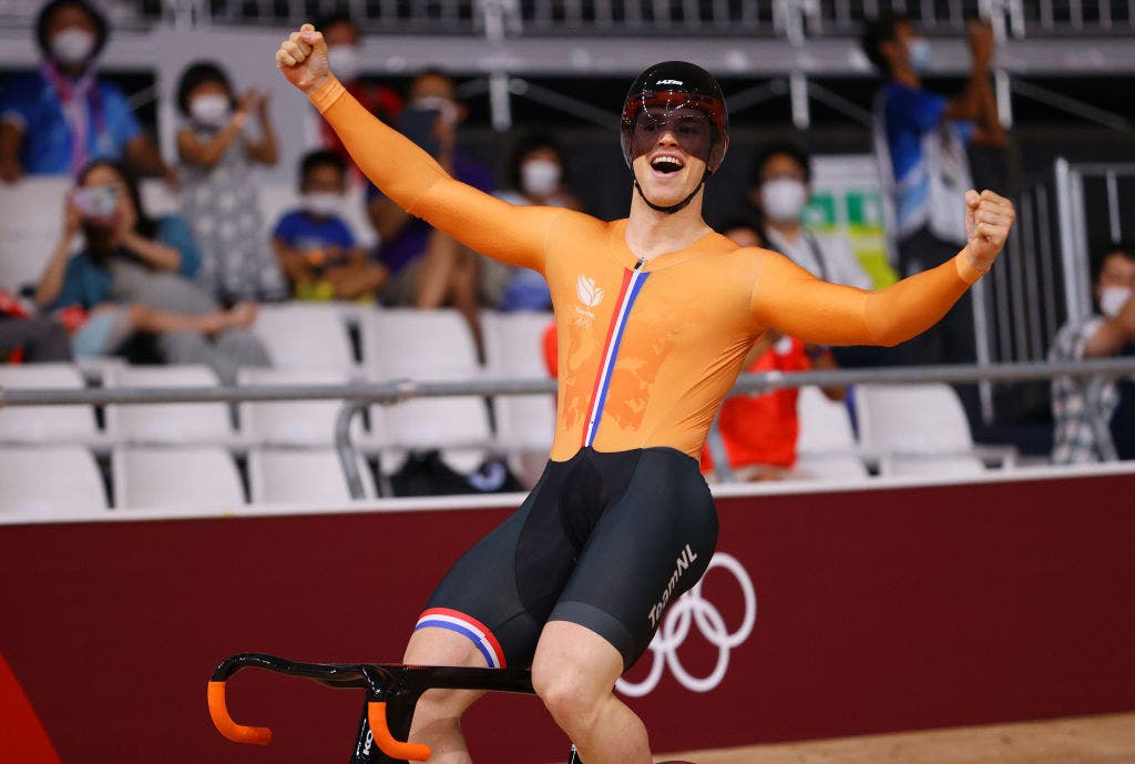 Harrie Lavreysen celebrates the Dutch win in the team sprint