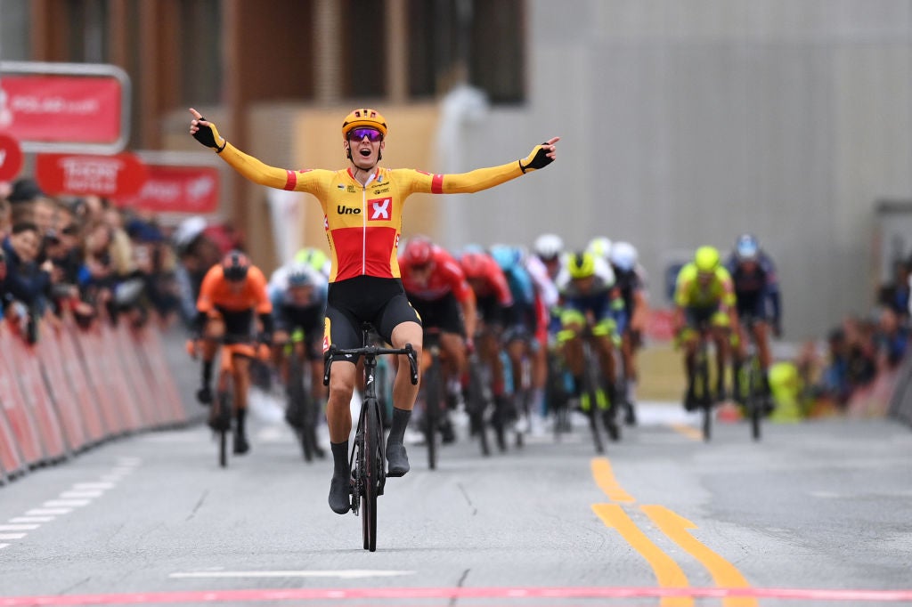 TROMSO, NORWAY - AUGUST 05: Markus Hoelgaard of Norway and UNO - X Pro Cycling Team celebrates at finish line as stage winner during the 8th Arctic Race Of Norway 2021, Stage 1 a 142,5km stage from Tromsø to Tromsø / #ArcticRace / on August 05, 2021 in Tromso, Norway. (Photo by Stuart Franklin/Getty Images)