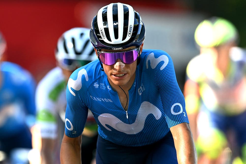 BALCON DE ALICANTE, SPAIN - AUGUST 20: Enric Mas Nicolau of Spain and Movistar Team reacts after crosses the finishing line in the 76th Tour of Spain 2021, Stage 7 a 152km stage from Gandía to Balcón de Alicante 995m / @lavuelta / #LaVuelta21 / on August 20, 2021 in Balcón de Alicante, Spain. (Photo by Stuart Franklin/Getty Images)