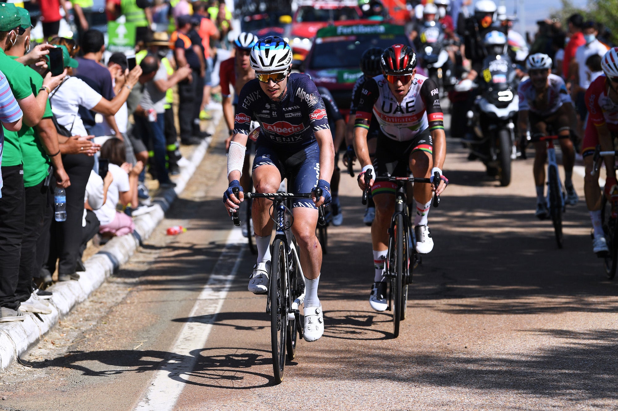 PICO VILLUERCAS, SPAIN - AUGUST 28: Jay Vine of Australia and Team Alpecin-Fenix and Ryan Gibbons of South Africa and UAE Team Emirates compete during the 76th Tour of Spain 2021, Stage 14 a 165,7km stage from Don Benito to Pico Villuercas 1580m / @lavuelta / #LaVuelta21 / on August 28, 2021 in Pico Villuercas, Spain. (Photo by Tim de Waele/Getty Images)