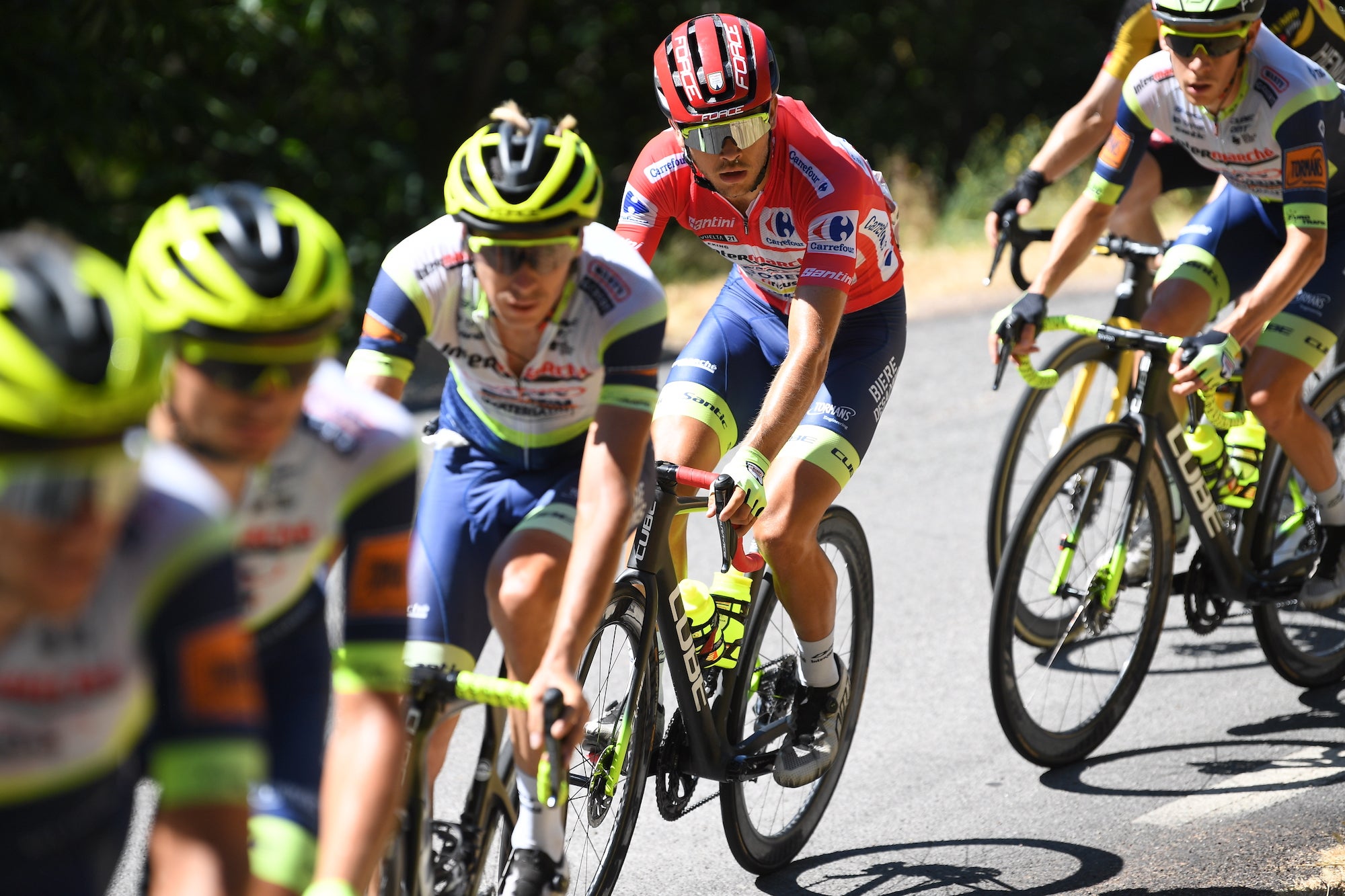 EL BARRACO, SPAIN - AUGUST 29: Odd Christian Eiking of Norway and Team Intermarché - Wanty - Gobert Matériaux red leader jersey competes during the 76th Tour of Spain 2021, Stage 15 a 197,5km km stage from Navalmoral de la Mata to El Barraco / @lavuelta / #LaVuelta21 / on August 29, 2021 in El Barraco, Spain. (Photo by Tim de Waele/Getty Images)