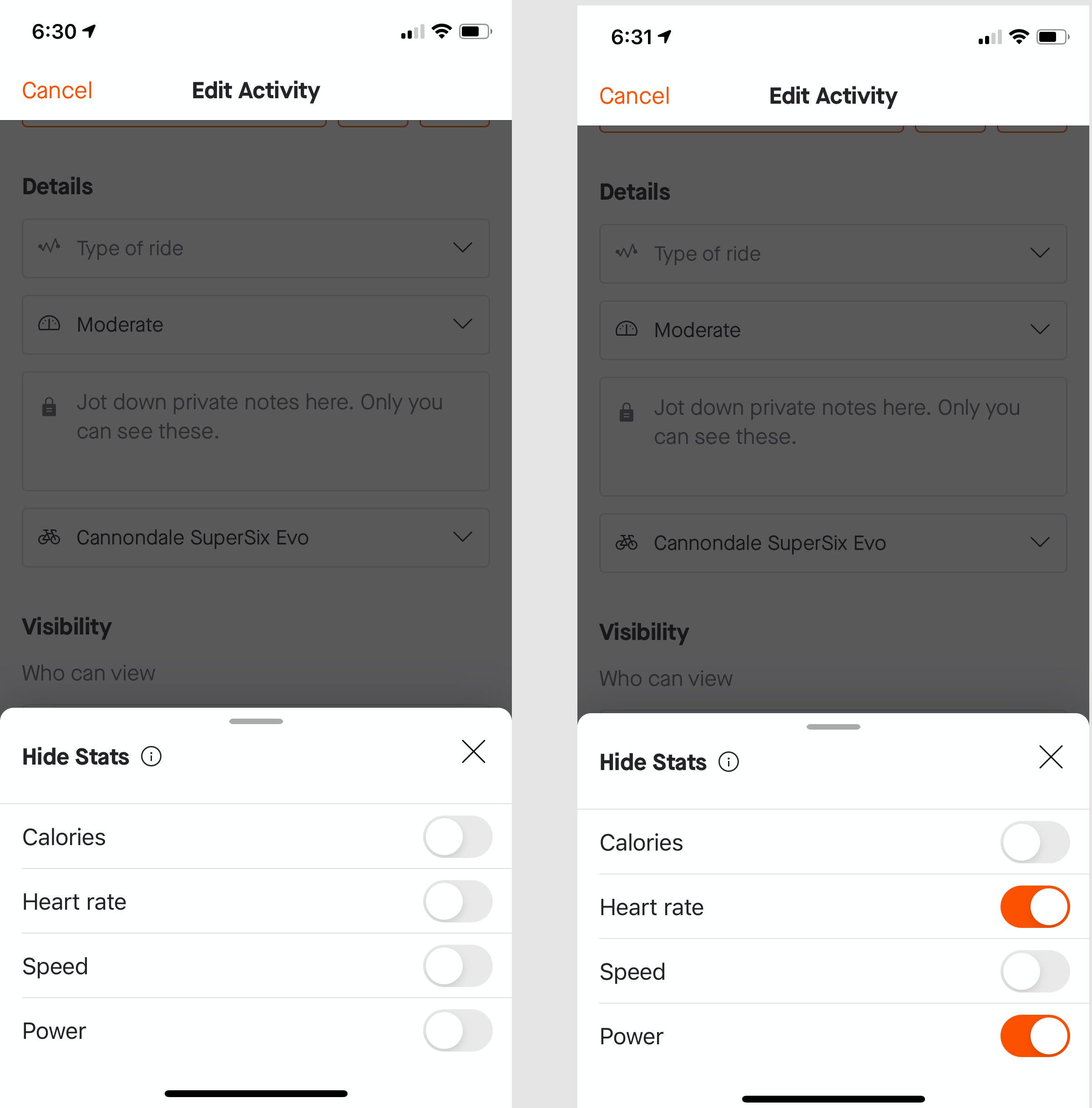 Strava now allows users to hide specific ride metrics.