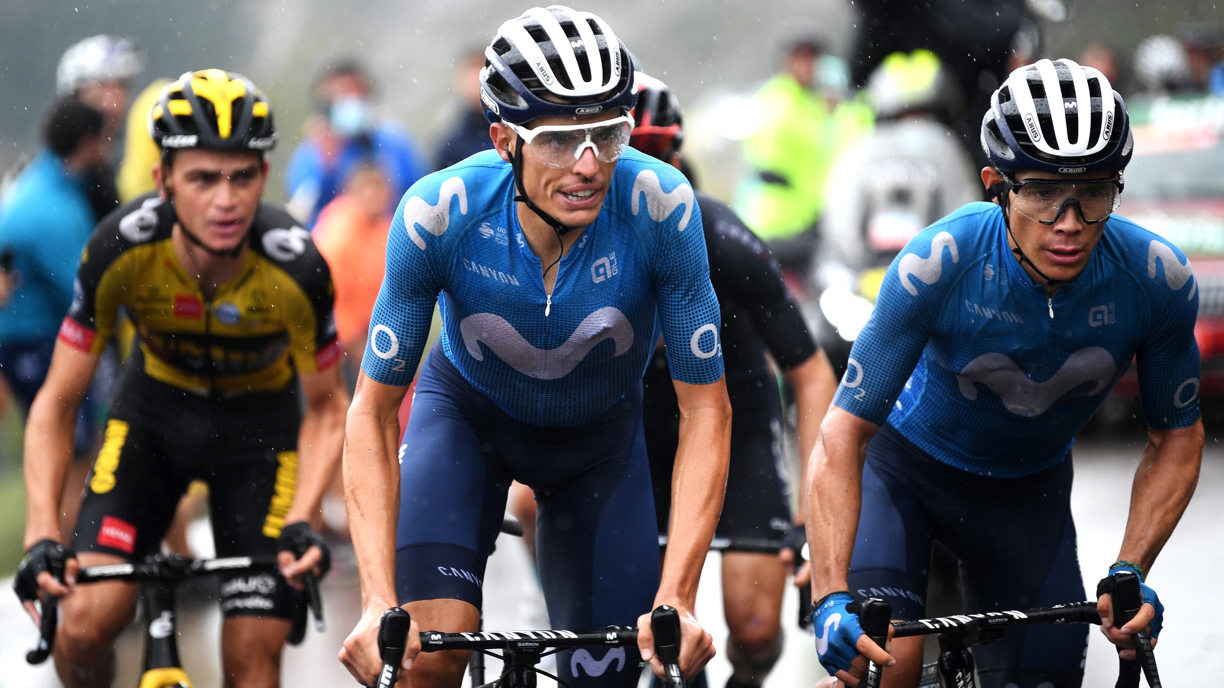 LAGOS DE COVADONGA, SPAIN - SEPTEMBER 01: (L-R) Enric Mas Nicolau of Spain and Miguel Ángel López Moreno of Colombia and Movistar Team compete during the 76th Tour of Spain 2021, Stage 17 a 185,5km stage from Unquera to Lagos de Covadonga 1.085m / @lavuelta / #LaVuelta21 / on September 01, 2021 in Lagos de Covadonga, Spain. (Photo by Tim de Waele/Getty Images)
