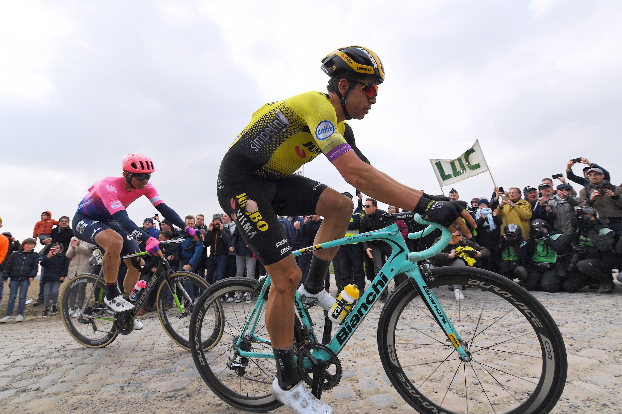 ROUBAIX, FRANCE - APRIL 14: Wout Van Aert of Belgium and Team Jumbo-Visma / Injury / Cobblestones / Fans / Public / during the 117th Paris-Roubaix a 257km race from Compiègne to Roubaix / @Paris_Roubaix /  #ParisRoubaix / PRBX / L'Enfer du Nord / on April 14, 2019 in Roubaix, France. (Photo by Tim de Waele/Getty Images)