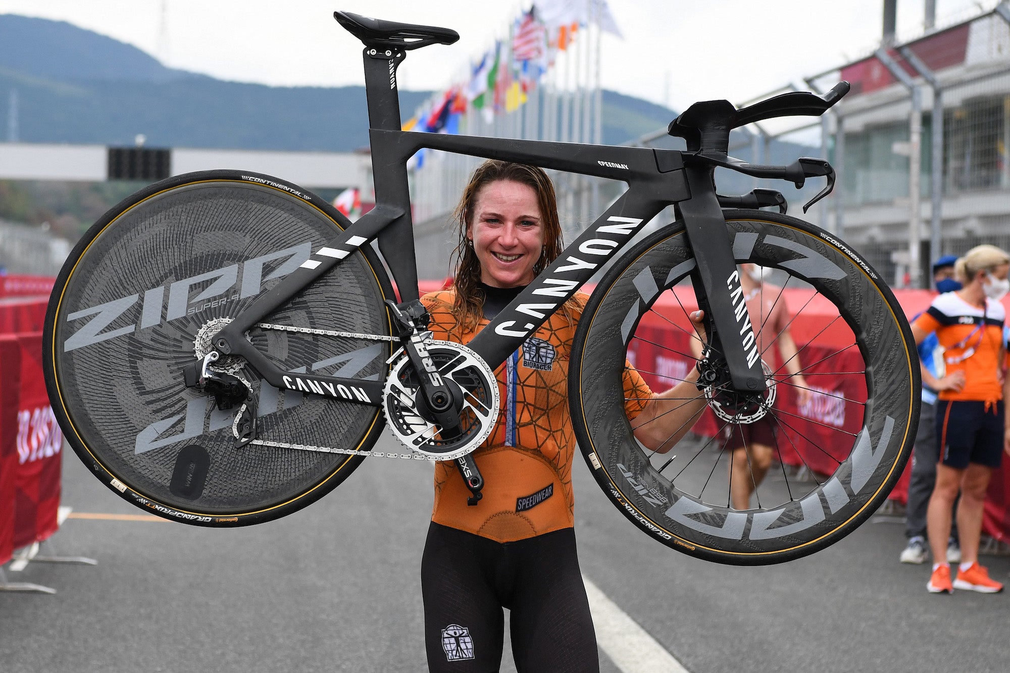 Netherlands' Annemiek Van Vleuten celebrates after winning the women's cycling road individual time trial during the Tokyo 2020 Olympic Games at the Fuji International Speedway in Oyama, Japan, on July 28, 2021. (Photo by Greg Baker / AFP) (Photo by GREG BAKER/AFP via Getty Images)