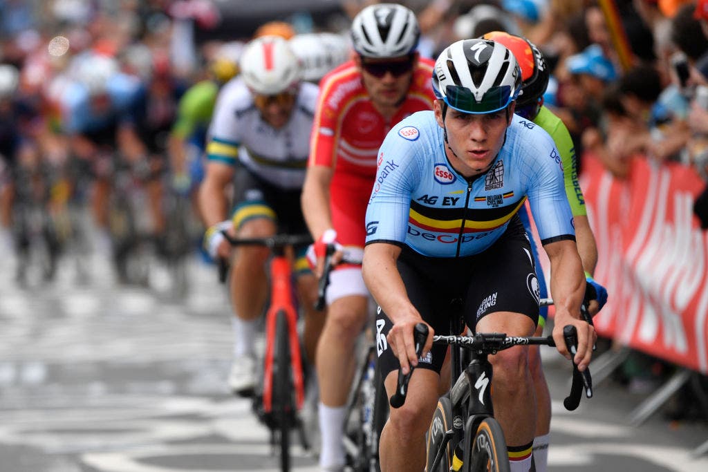 Belgian Remco Evenepoel pictured in action during the elite men road race of the UCI World Championships Road Cycling Flanders 2021, 268,3km from Antwerp to Leuven on Sunday 26 September 2021. The Worlds take place from 19 to 26 September 2021, in several cities in Flanders, Belgium. BELGA PHOTO POOL KRISTOF RAMON (Photo by POOL KRISTOF RAMON/BELGA MAG/AFP via Getty Images)